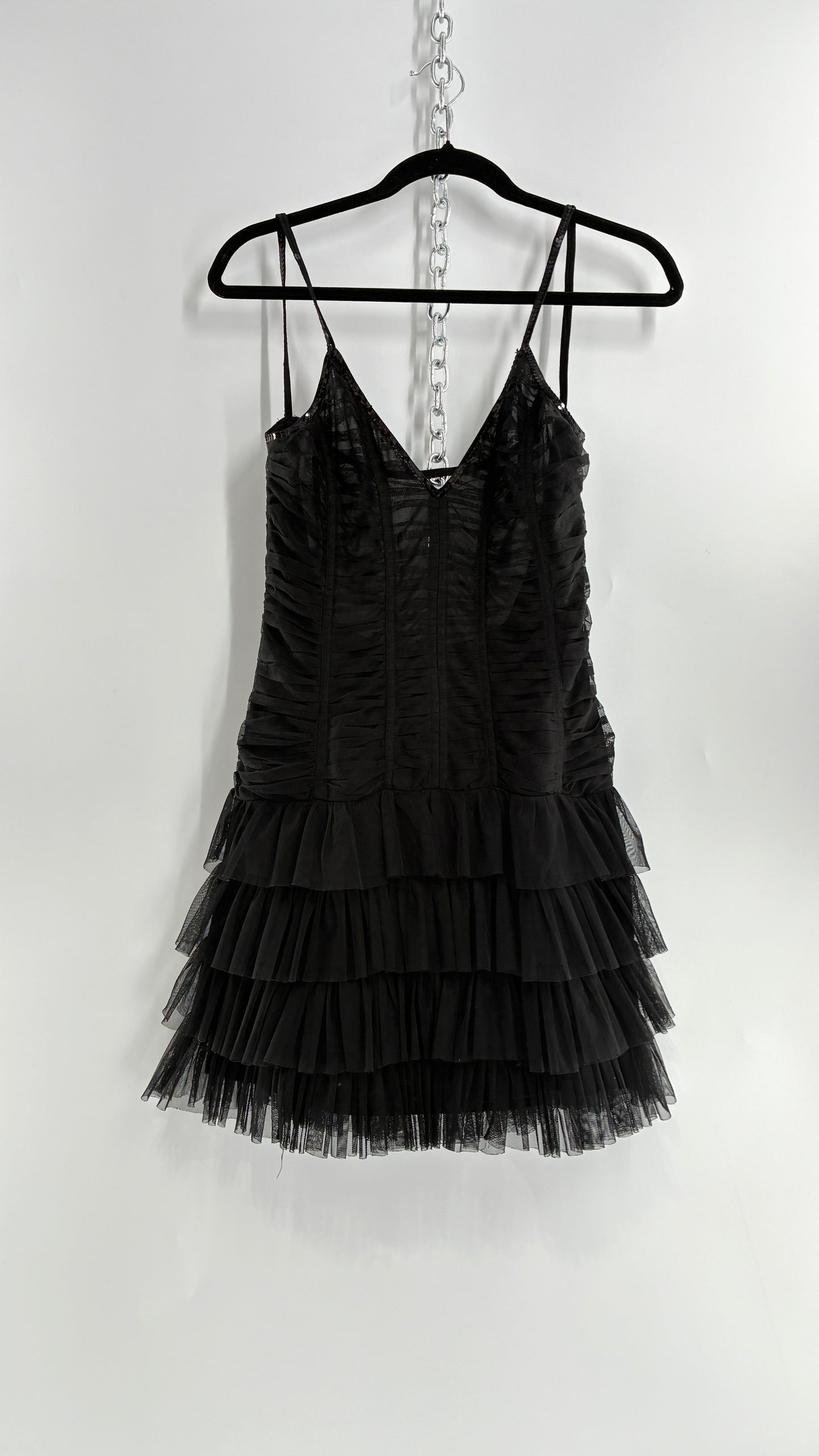 Vintage Black Ruffled Tulle Mini Dress with Low Open Back (8)