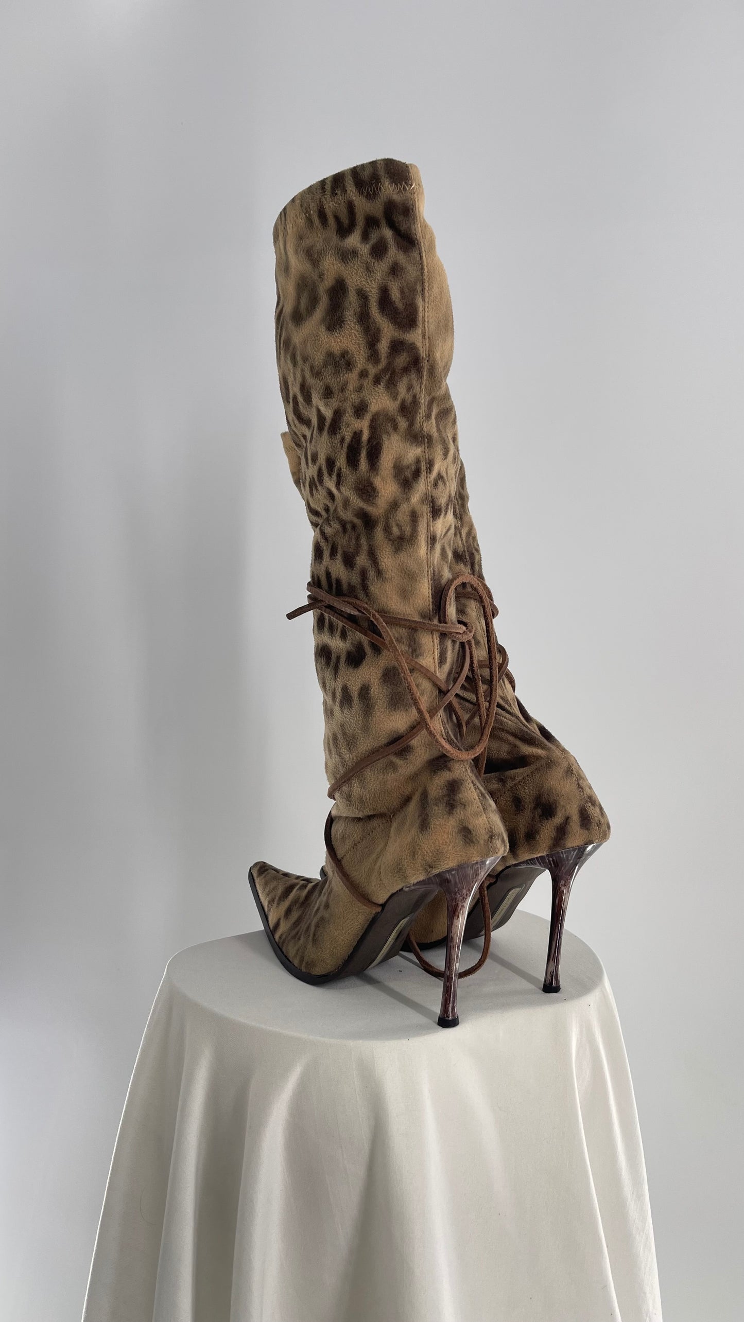 Vintage Alberto Venturini Animal Print Tie Up Pointed Toe Boots (37)