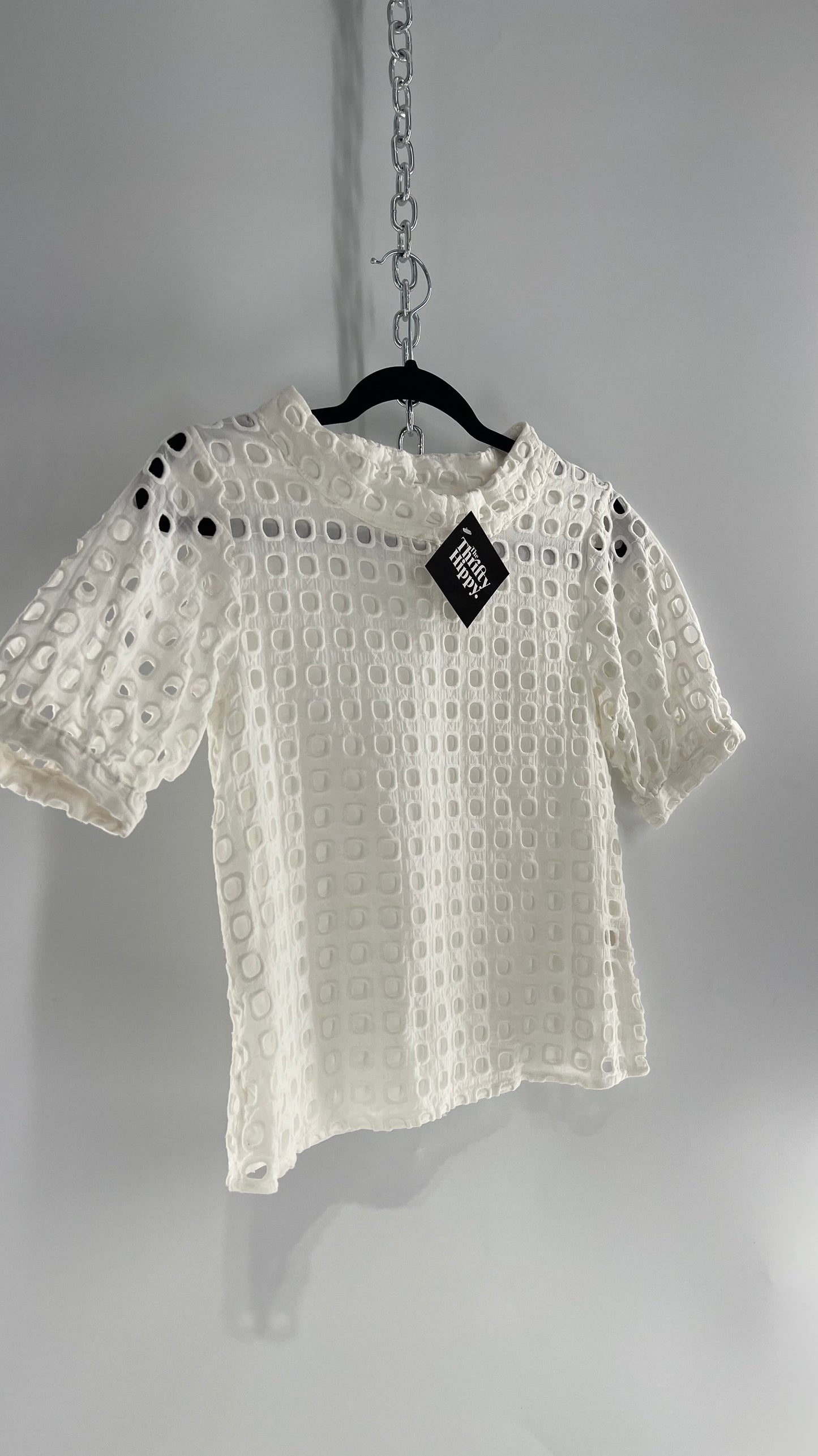 Anthropologie Wolven White Puff Sleeve Open Square Embroidery Layered Blouse (4)
