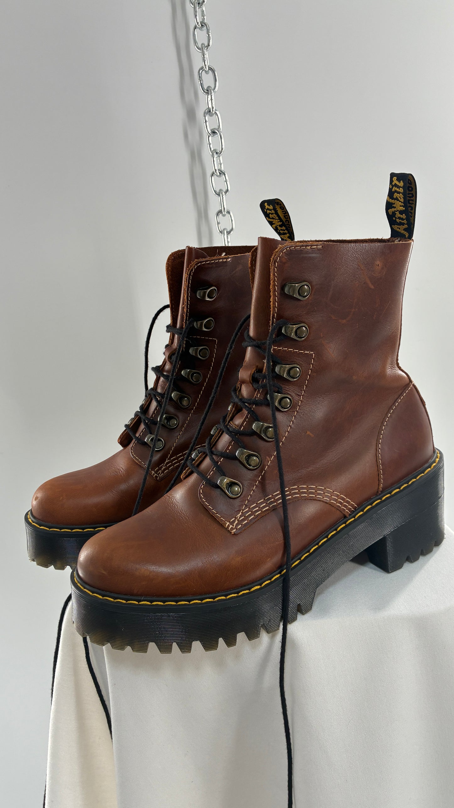 DR. MARTENS Leona Saddle Leather Platform Boots (9L)