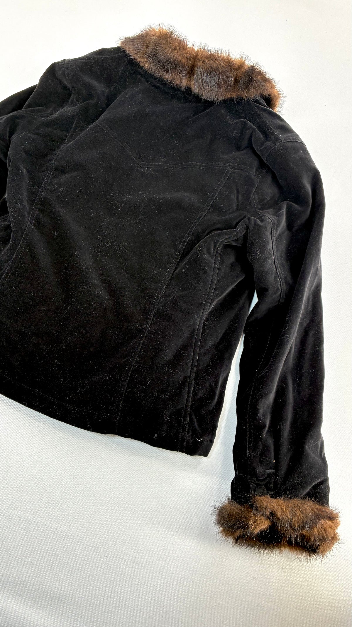 Vintage BLACK RIVET Velour Jacket with Vegan Fur Trim Collar and Cuffs (Large)