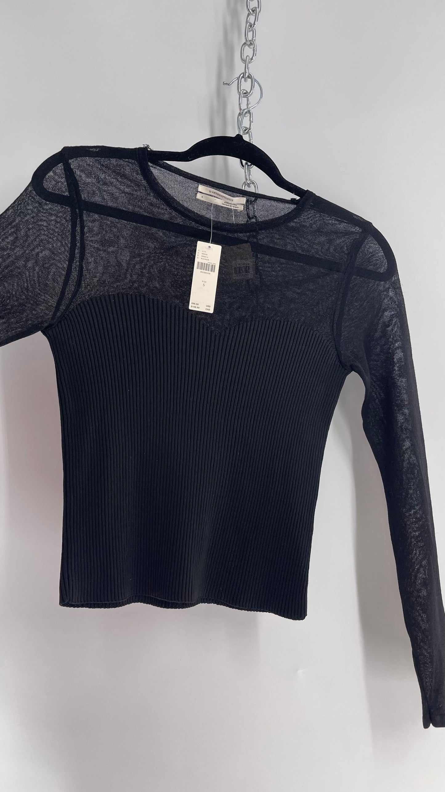 Anthropologie Black Knit Long Sleeve with Ribbed Sweetheart Neckline and Tags Attached (Small)