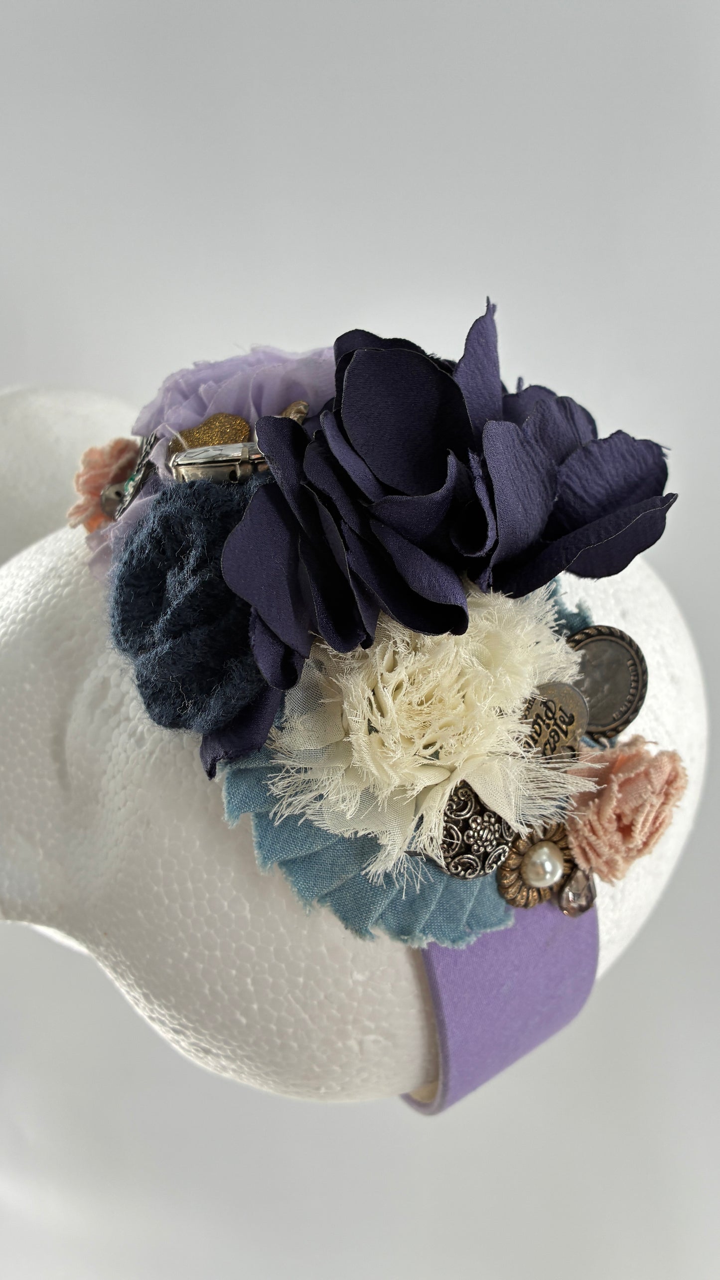 Vintage FARMER Handmade Lilac Headband with Purple Ribbon,  Pleated, Floral, and Gemstone Appliqués