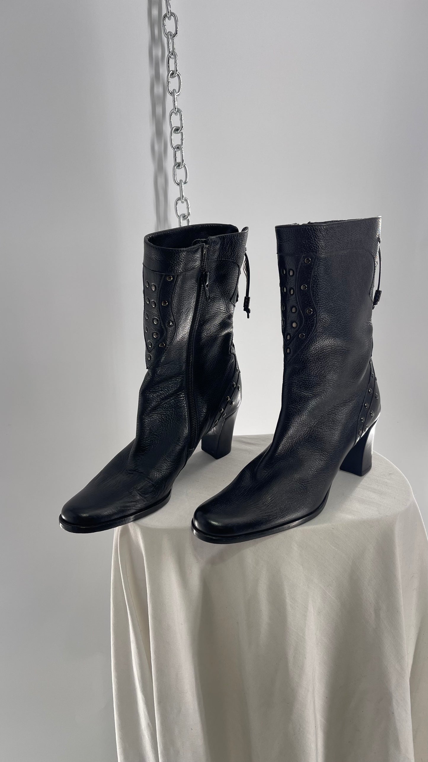 Vintage 1990s Via Spiga Black Leather Studded Booties (5.5)