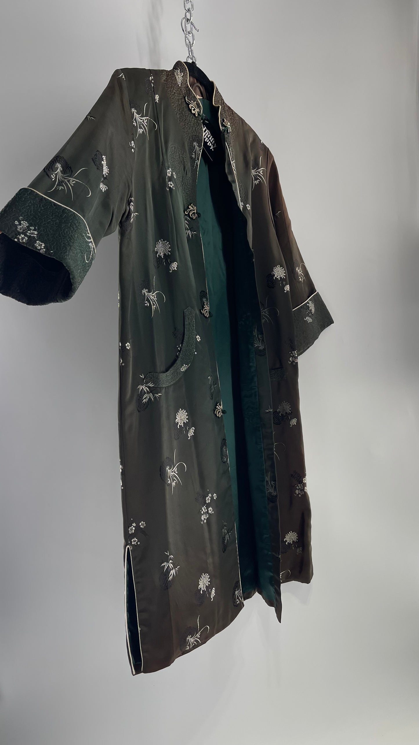 Vintage Hong Kong, Hand Made, Dark Green Silk Kimono Coat/Smoking Jacket (38)