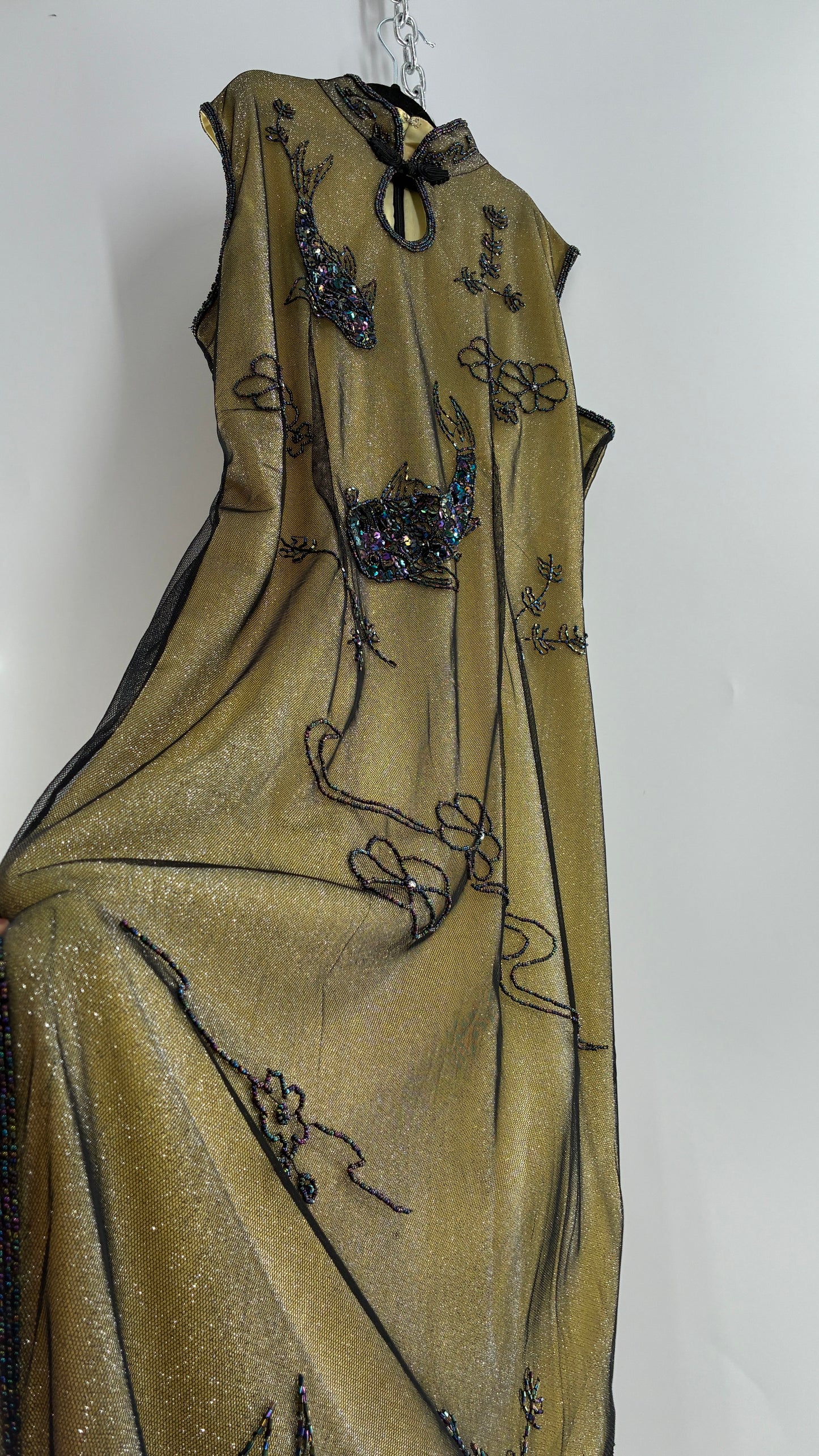 Vintage 1990s One of a Kind Handmade, Green Gown with Beaded Koi Fish, Metallic Tulle Overlay, and Symmetric Back (Medium)
