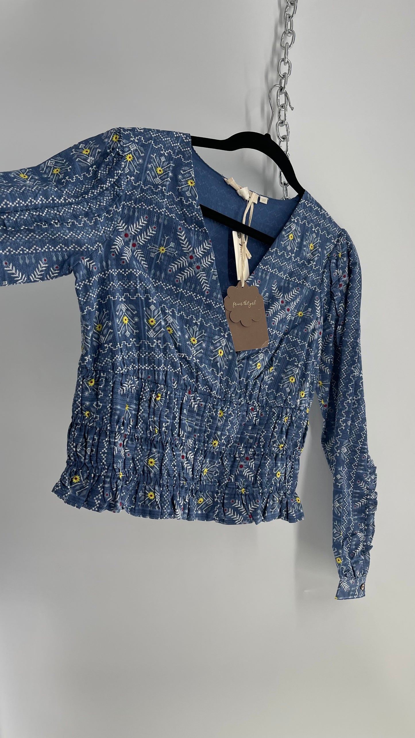 Flower That Girl Anthropologie Blue Patterned Blouse with Tags Attached (XS)