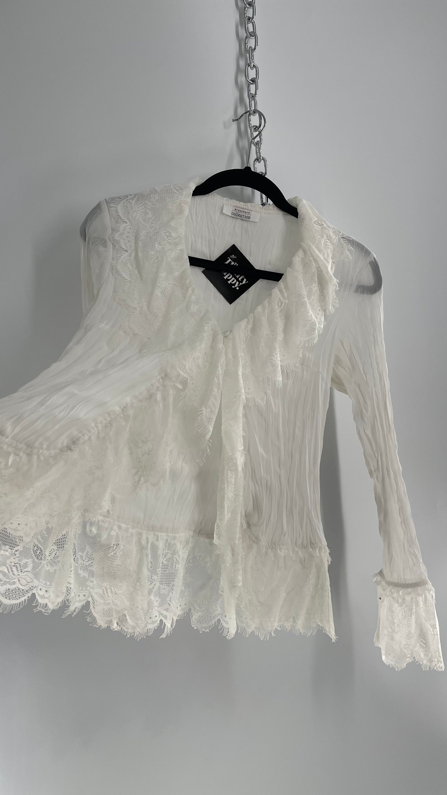 Vintage 1990s DressBarn Collection White Lace, Crimped, Ruffled Blouse (Small)