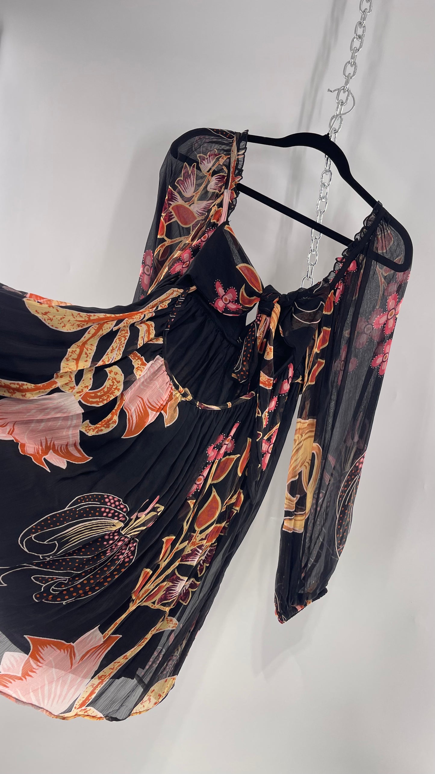 Anthropologie Let Me Be Crimped Black Chiffon Pink Floral Patterned l Dress with Tie/Open Back Detail and Tags Attached (Small)