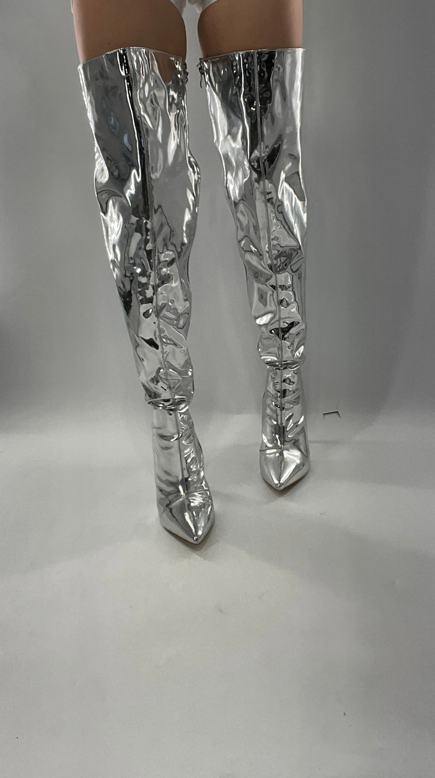 Vintage Chrome Platinum Mirrored Thigh High Molten Metal Sky High Boots Space Cadet/Concert (7)