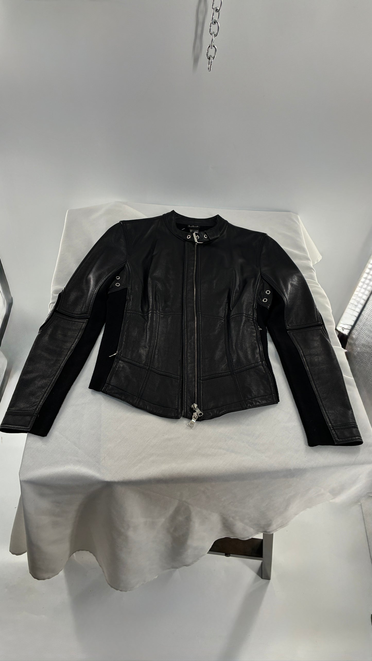 Vintage INC Black Genuine Leather and Wool Blend Paneled Patch Motorcycle Jacket (Medium)