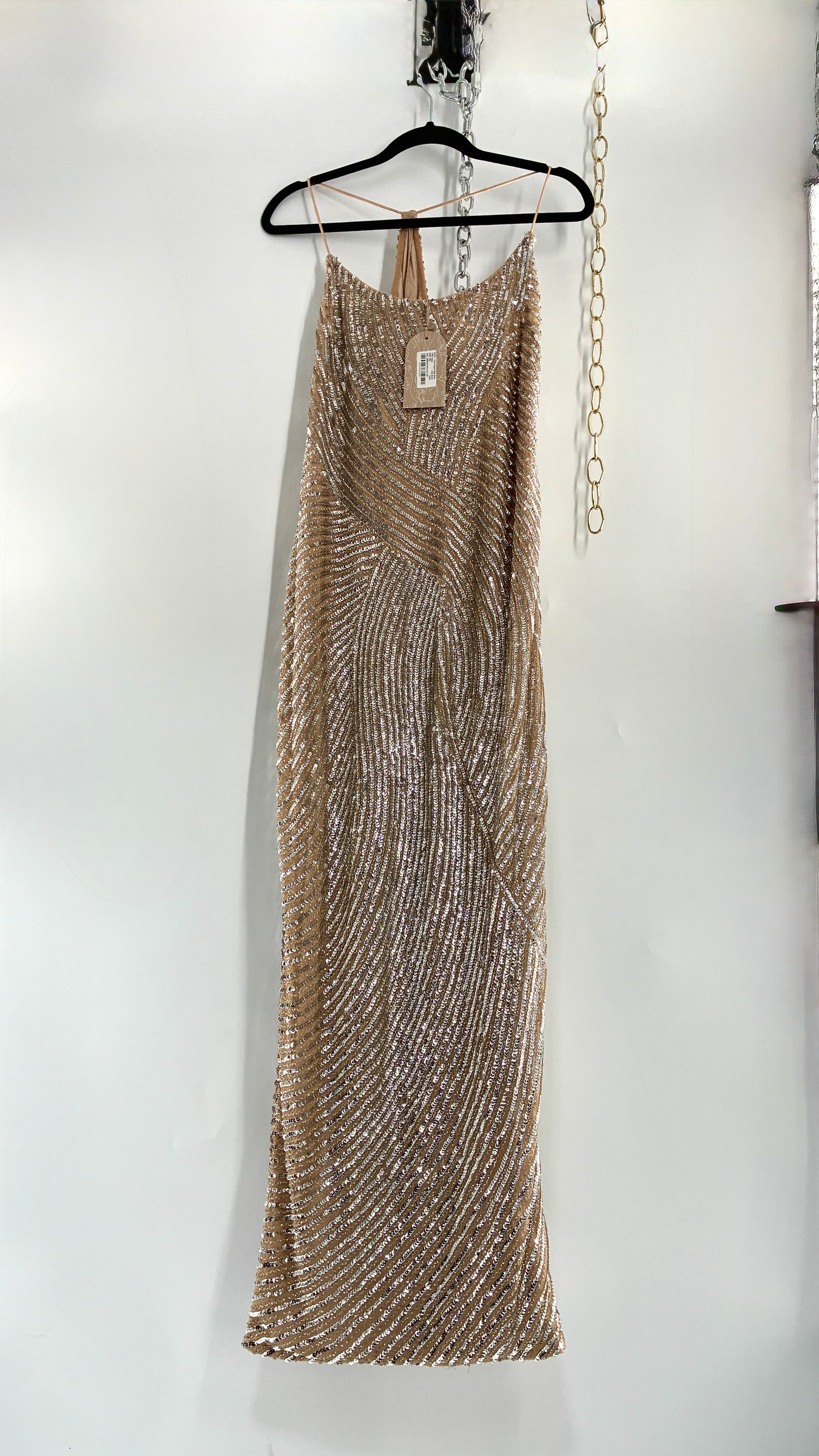 MESHKI Tierra Nude Full Length Dress with Silver Sequins with Tags Attached (XXXL)