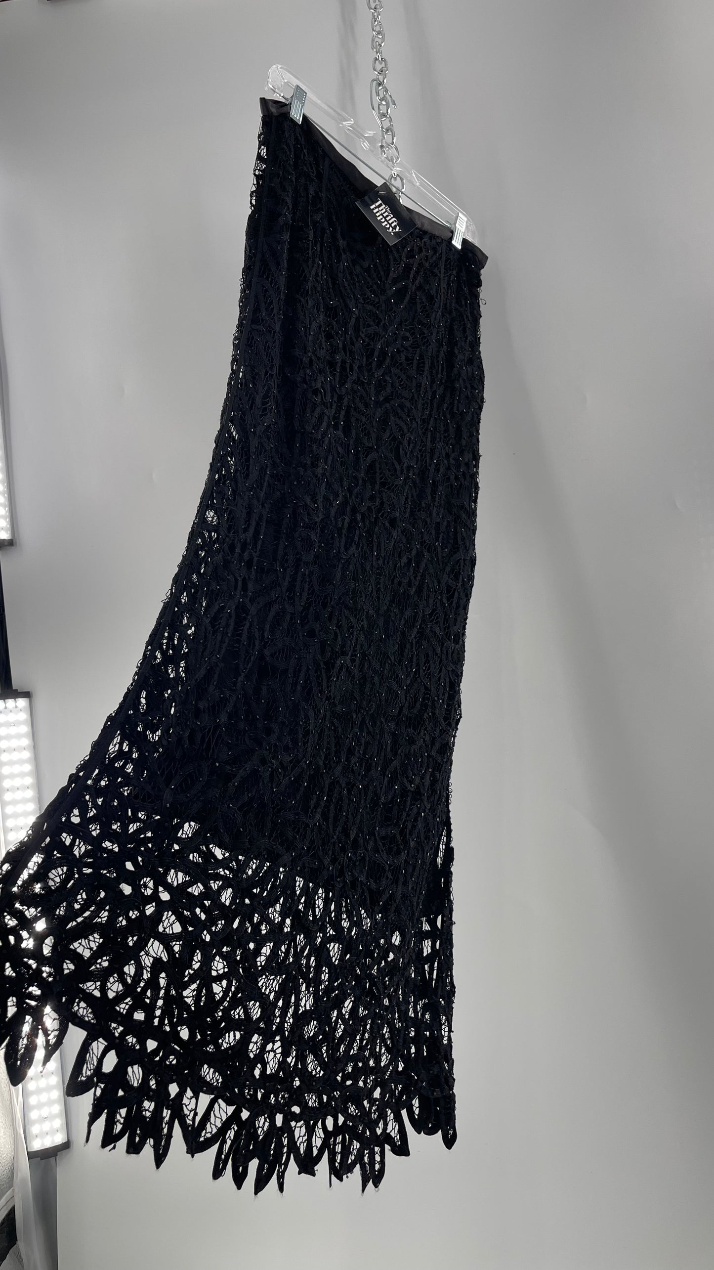Vintage Black Beaded Lace Scalloped Edge and Satin Waistband Maxi Skirt (Large)