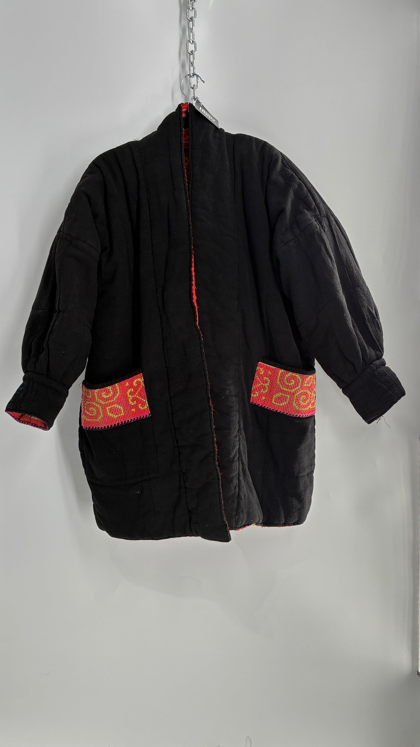 One Size Neon Pink Fully Embroidered and Quilted Reversible Puff Sleeve Coat (Large)