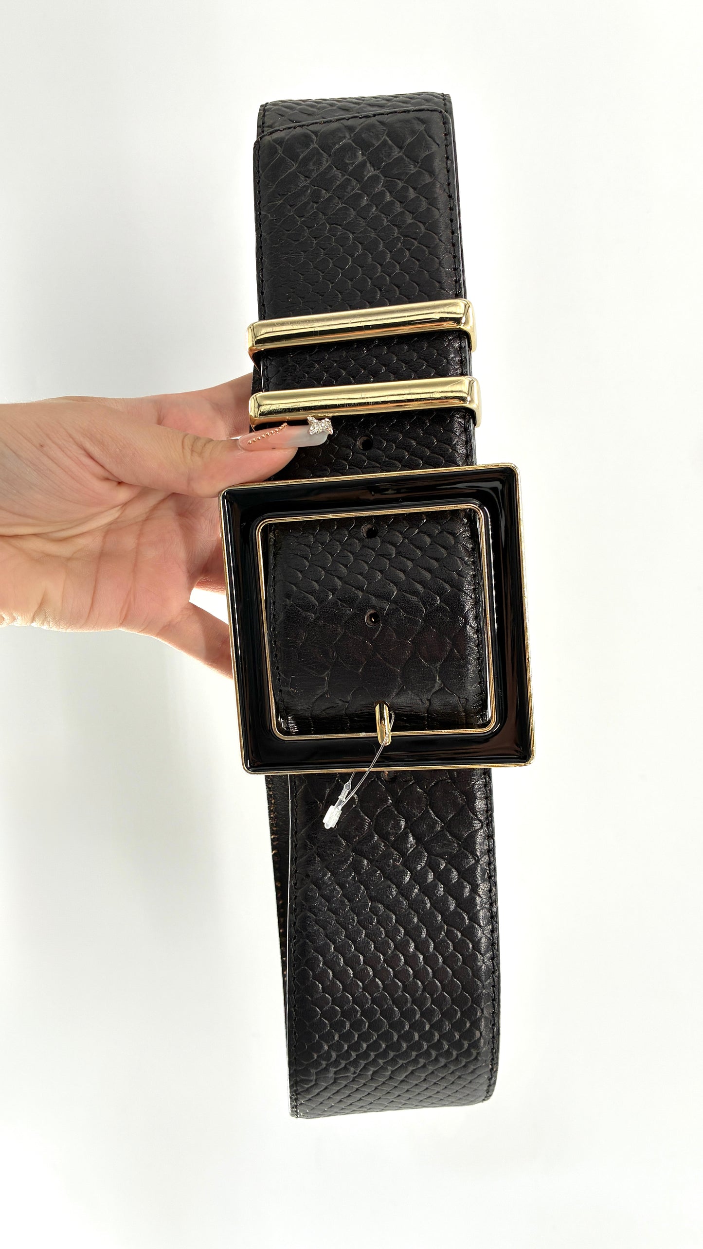 Vintage HIVE & HONEY Extra Wide Black Leather Belt with Oversized Square Buckle (Small)