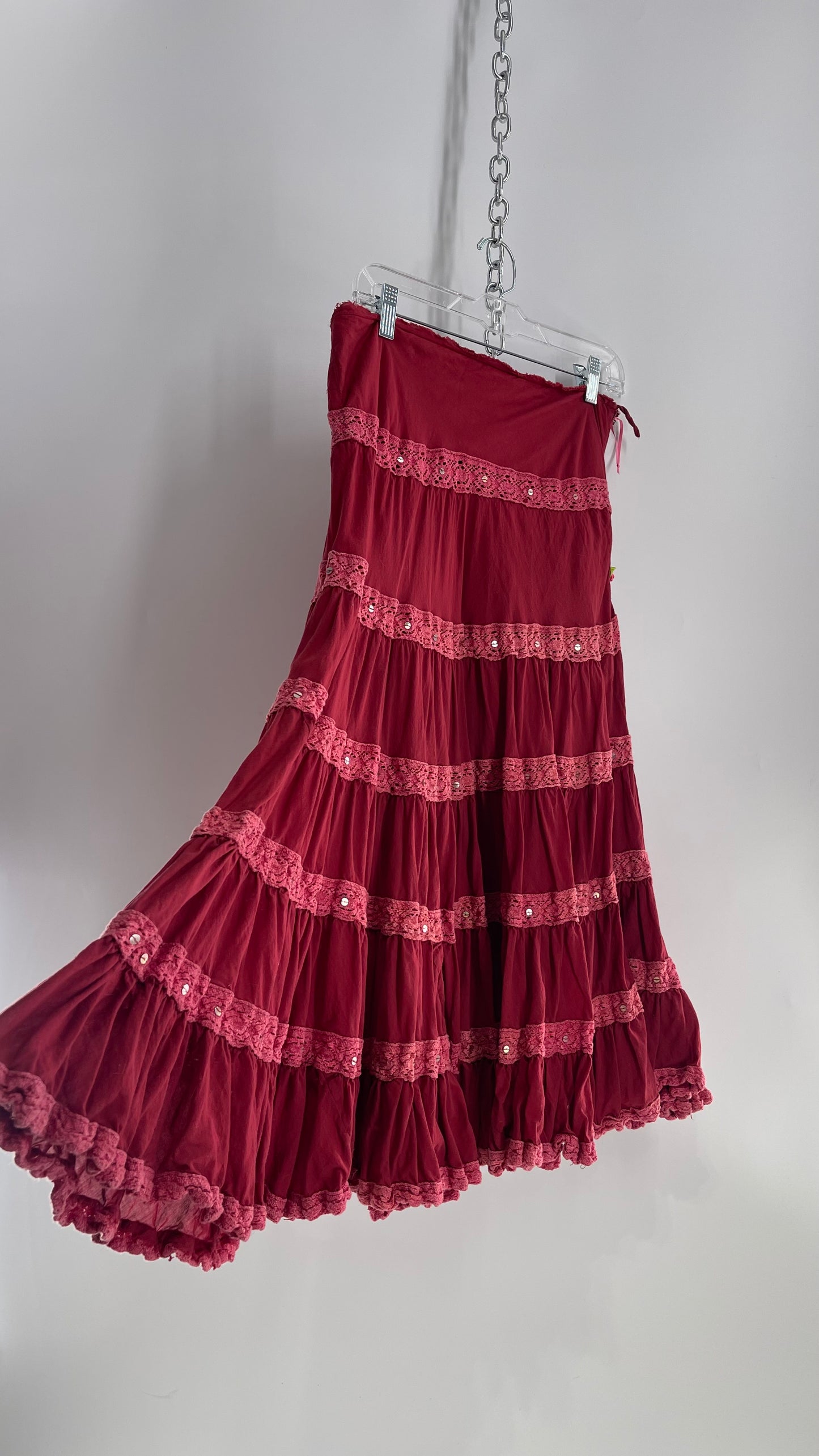 Vintage Chaudry Red/Pink Tiered Voluminous Maxi Skirt (Medium)