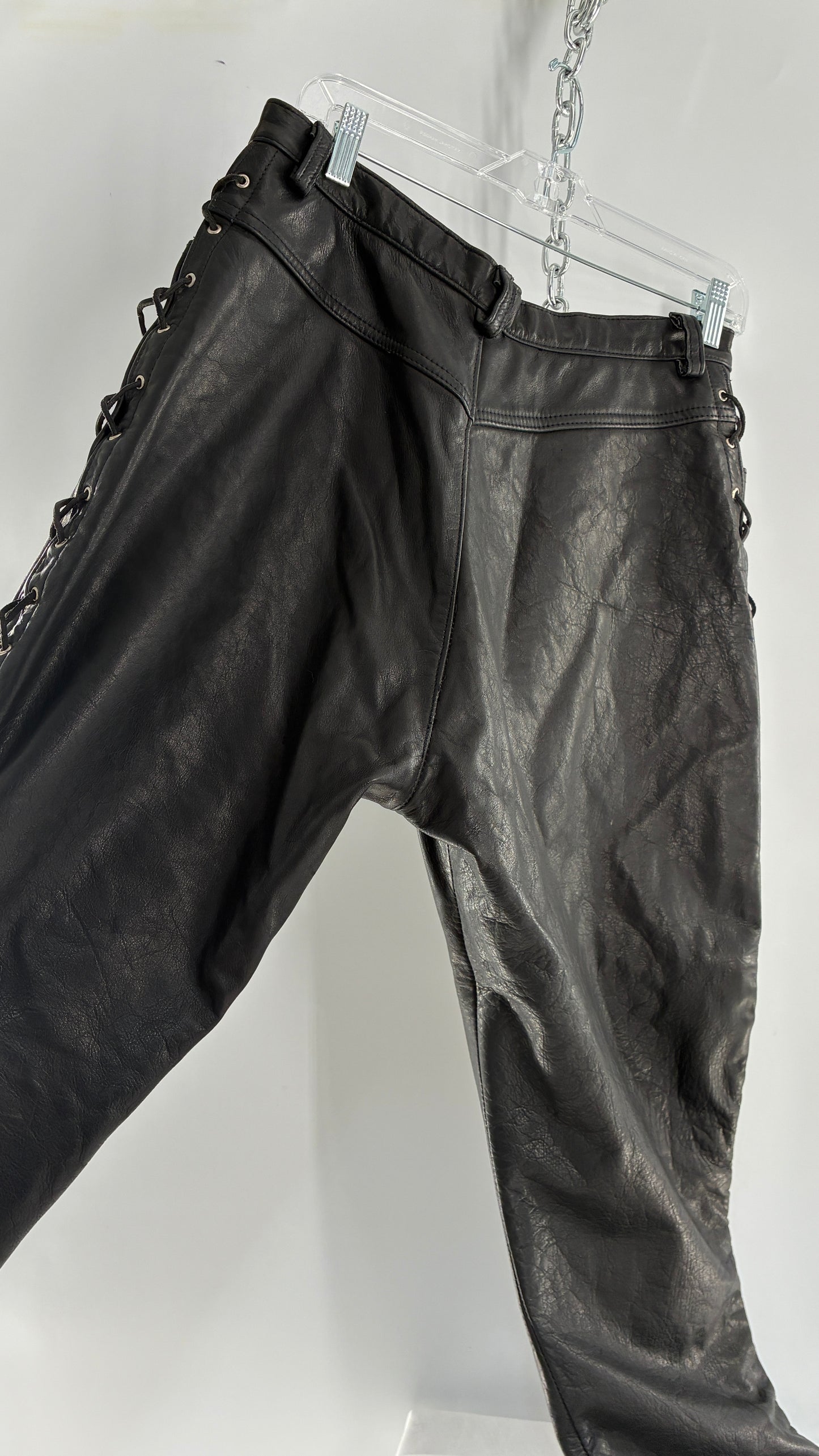 Vintage Thick Ultra Soft Black Leather Pants with Tie Up Sides (Medium)