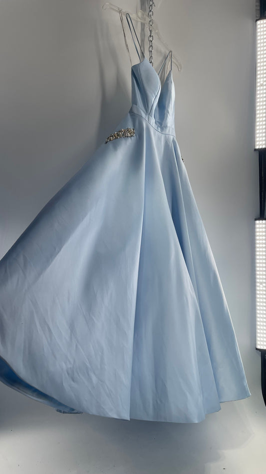 SHERRI HILL Baby Blue Worn Dress with Beaded Pocket Detail and Tie Up Back (4)