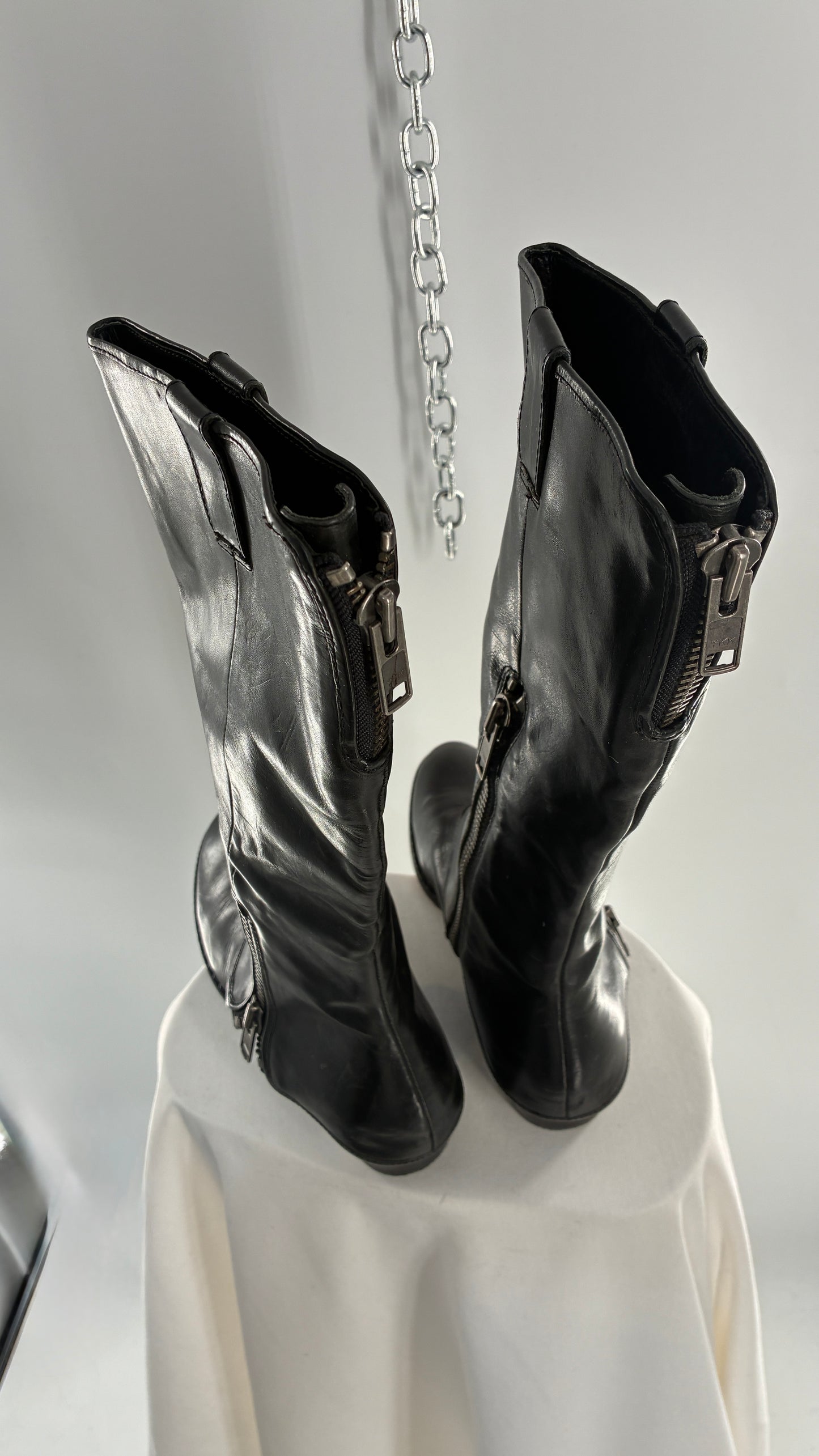 Vintage KORK EASE Black Genuine Leather Fold Over Boots with Heavy Metal Detailing (9/40.5)
