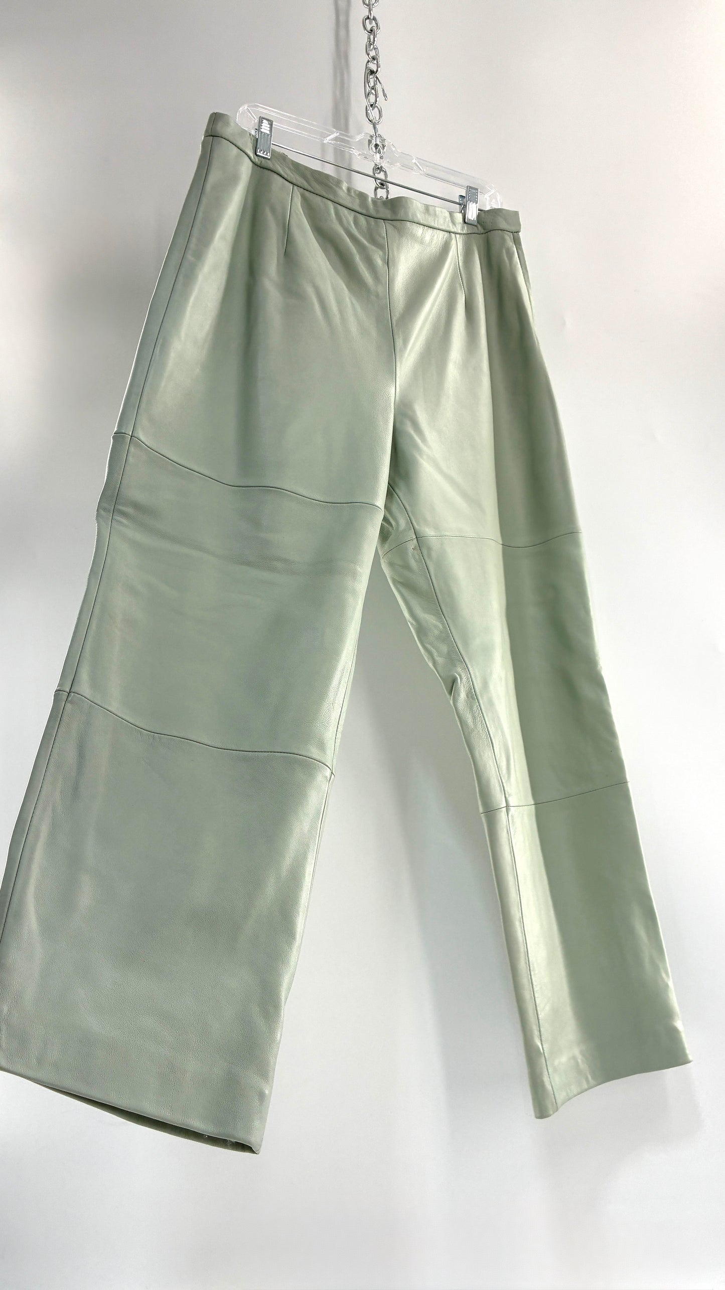 Vintage TERRY LEWIS Classic Luxuries Muted Seafoam, Genuine Leather Trousers with Silky Soft, Satin Lining (16P)