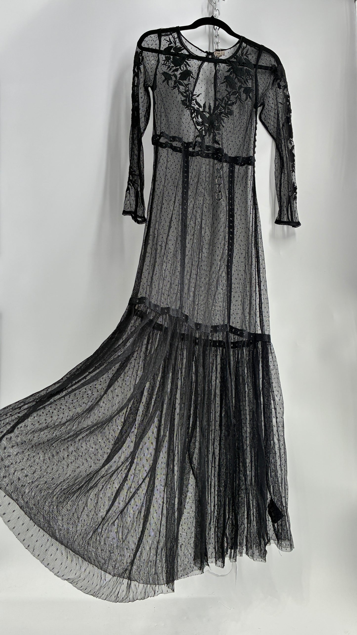 ECOTE Sheer Mesh Full Length Dress with Lace Appliqué Sleeves and Bust (Medium)