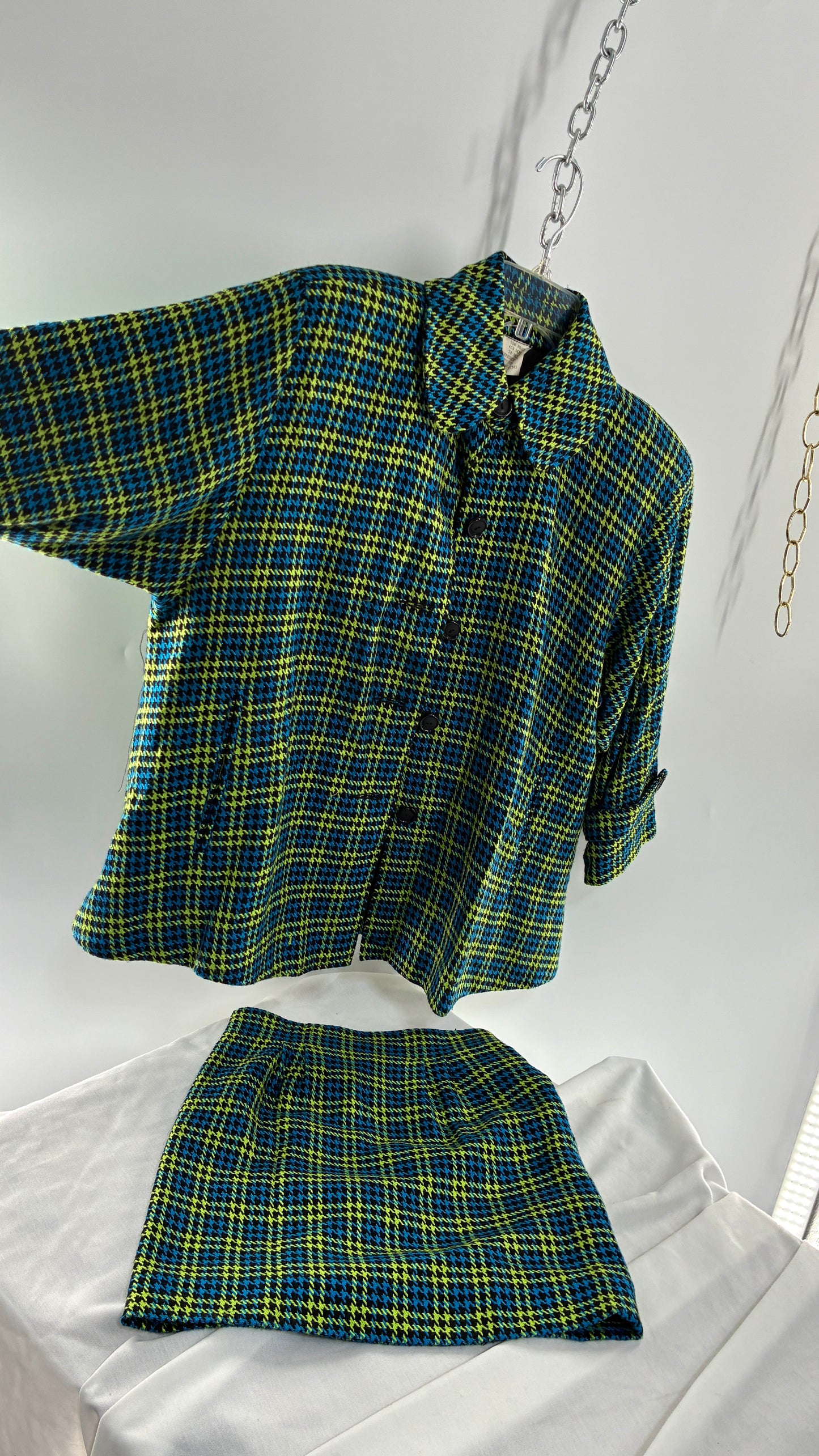 Vintage HONG KONG Wool Blend Neon Green and Blue Plaid Jacket and Micro Mini Set (Small)