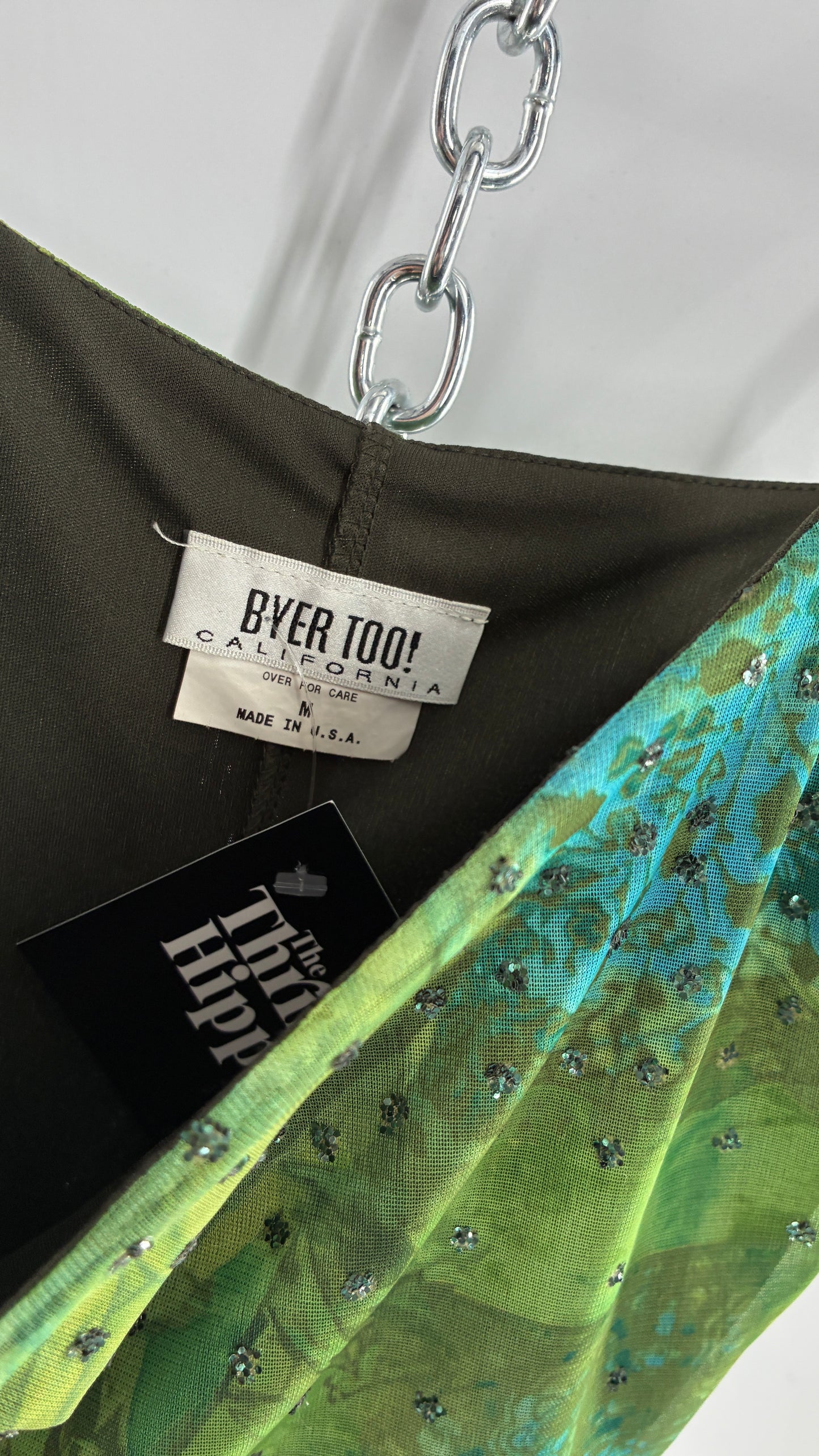 Vintage BYER TOO! CALIFORNIA Green and Blue Patchwork Patterned Midi Dress with Glitter Details and Slanted Cut (Medium)
