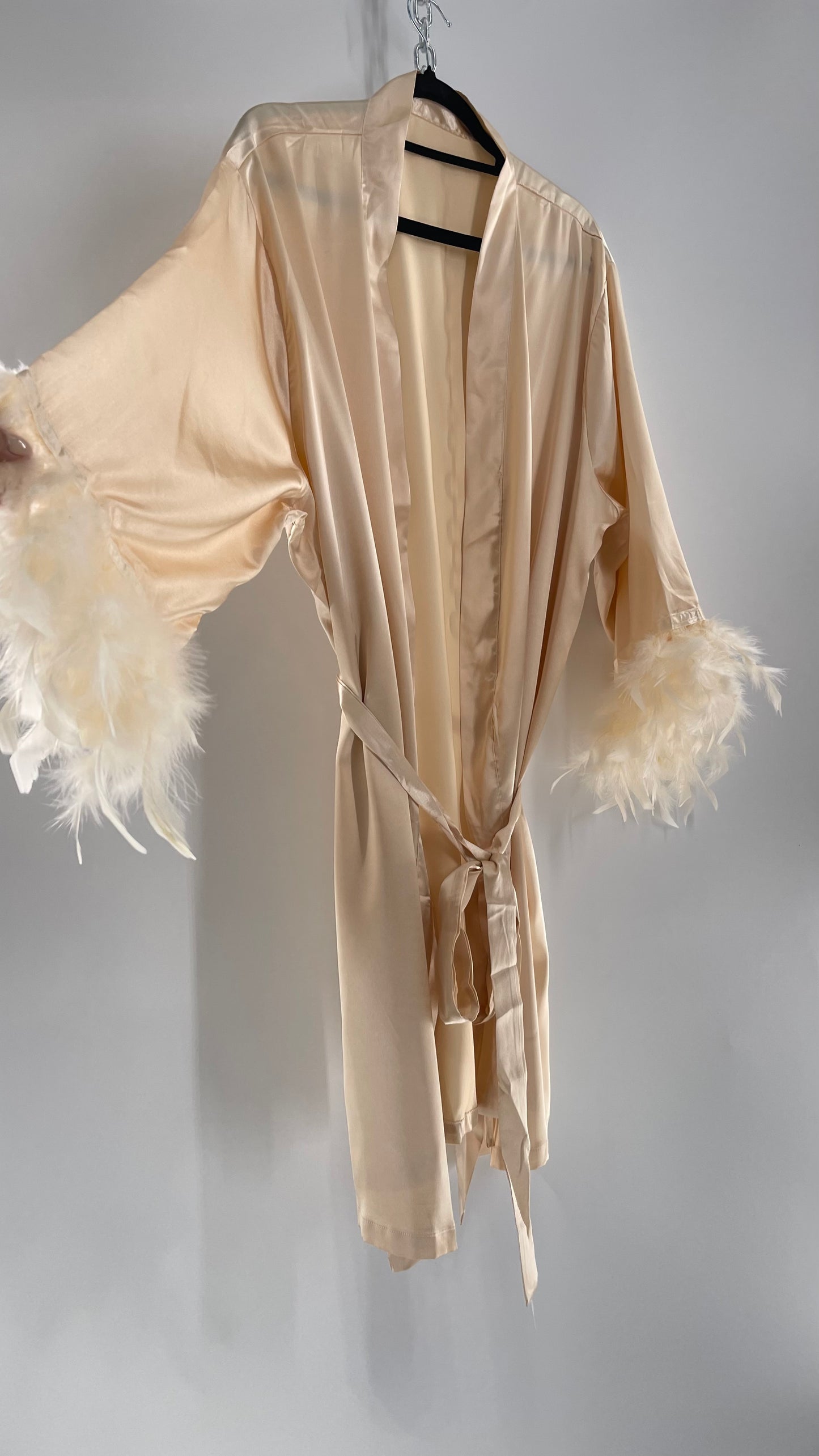 Champagne Satin Loungewear 2piece Set with Ostrich Feather Trim (3XL)