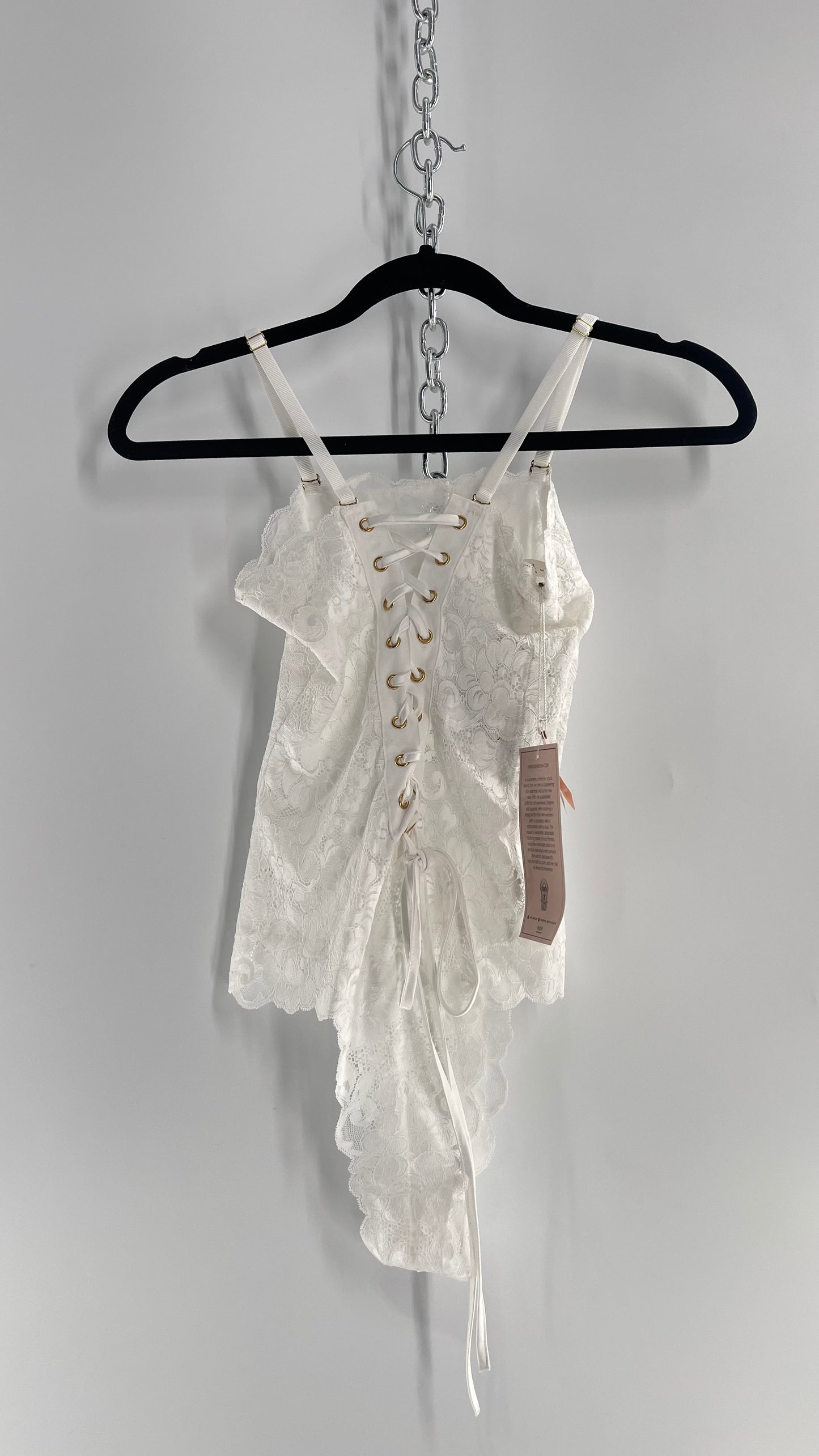 Hot as Hell White Lace Reversible Bodysuit with Lace Up Front/Back and Tags Attached (Small)