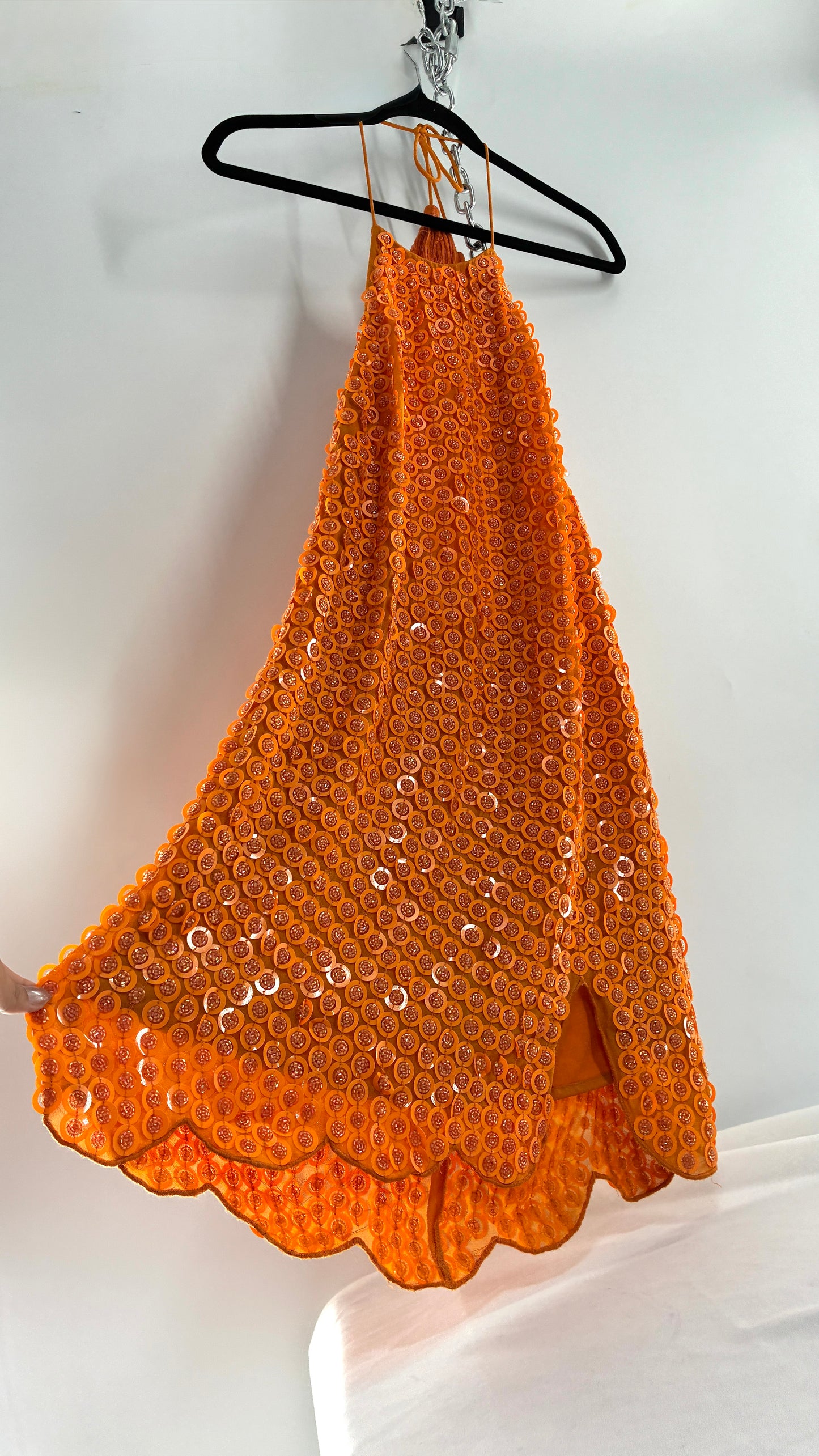 X by NBD Orange Backless Halter Mini Dress with Scalloped Hem, Covered in Beads and Sequins (Medium)