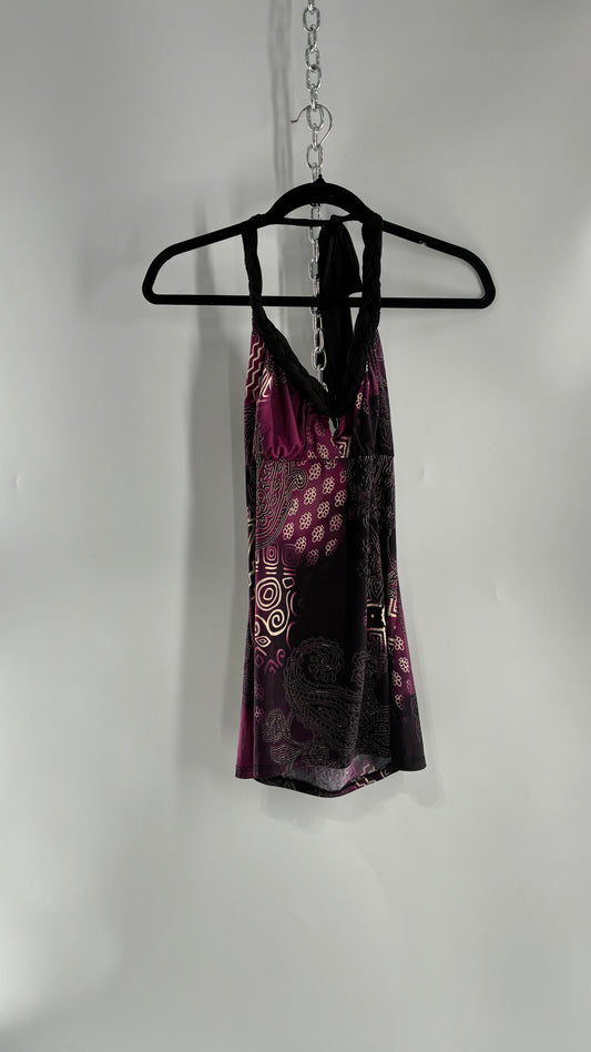 Vintage RUE 21 Purple Braided Halter Black and Purple Graphic (Large)