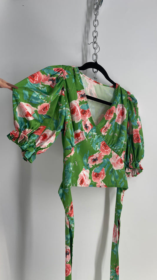OPI Green Floral Puff Sleeve Open Tie Back Blouse (small)