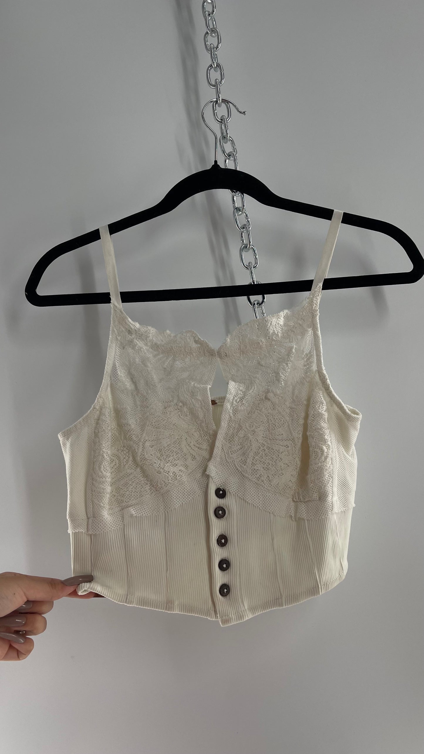 Free People White Tank with Lace Bust and High Neckline and Buttoned Bodice (S)