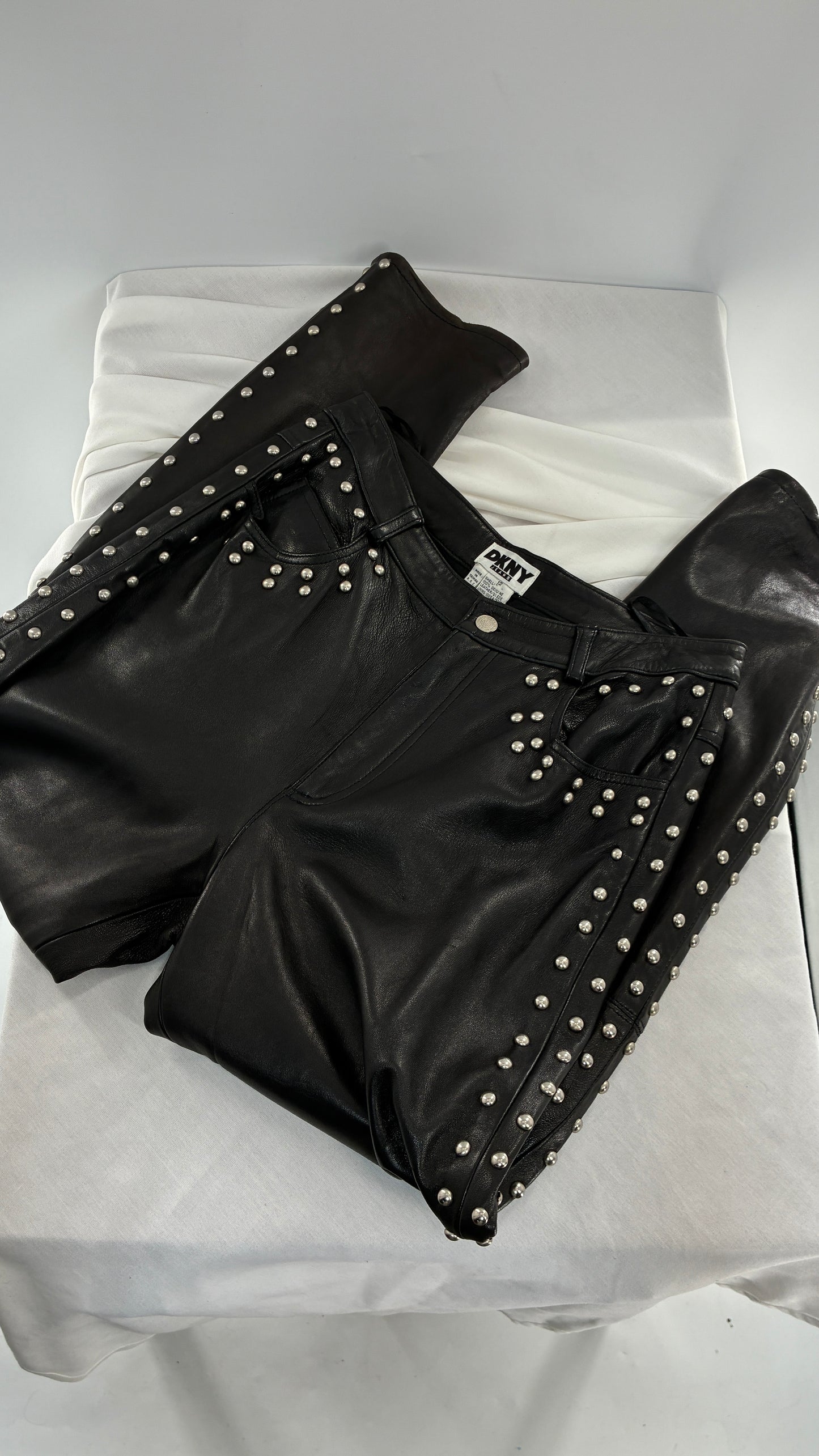 Vintage DKNY Genuine Leather Black Hip to Hem Studded Straight Legs (12)