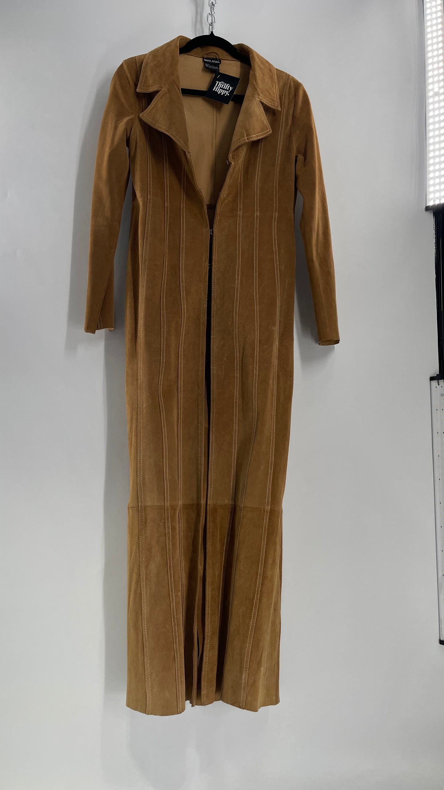 Vintage Wet Seal Full Length Paneled Tan Leather Sweeping Coat (Small)