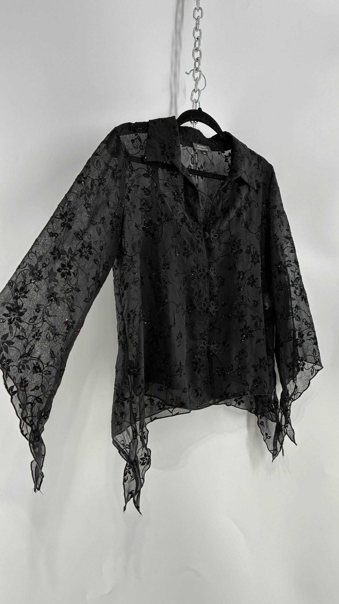 Vintage Black Handkerchief Hem Button Front Velvet Patterned Blouse (Medium)