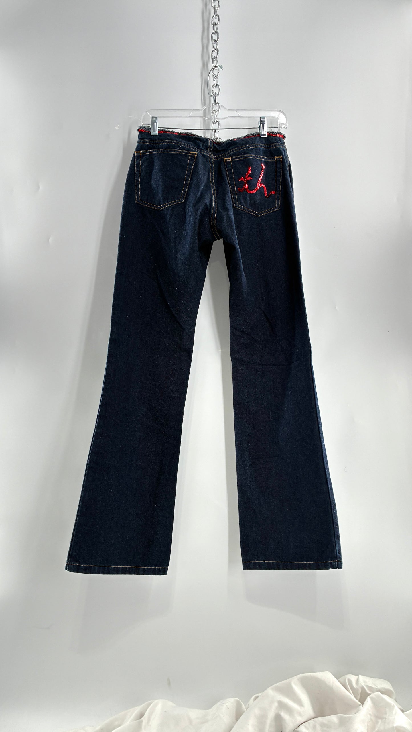 Vintage Tommy Hilfiger Low Rise Jeans with Frayed Waist Lined in Red Sequins (7)