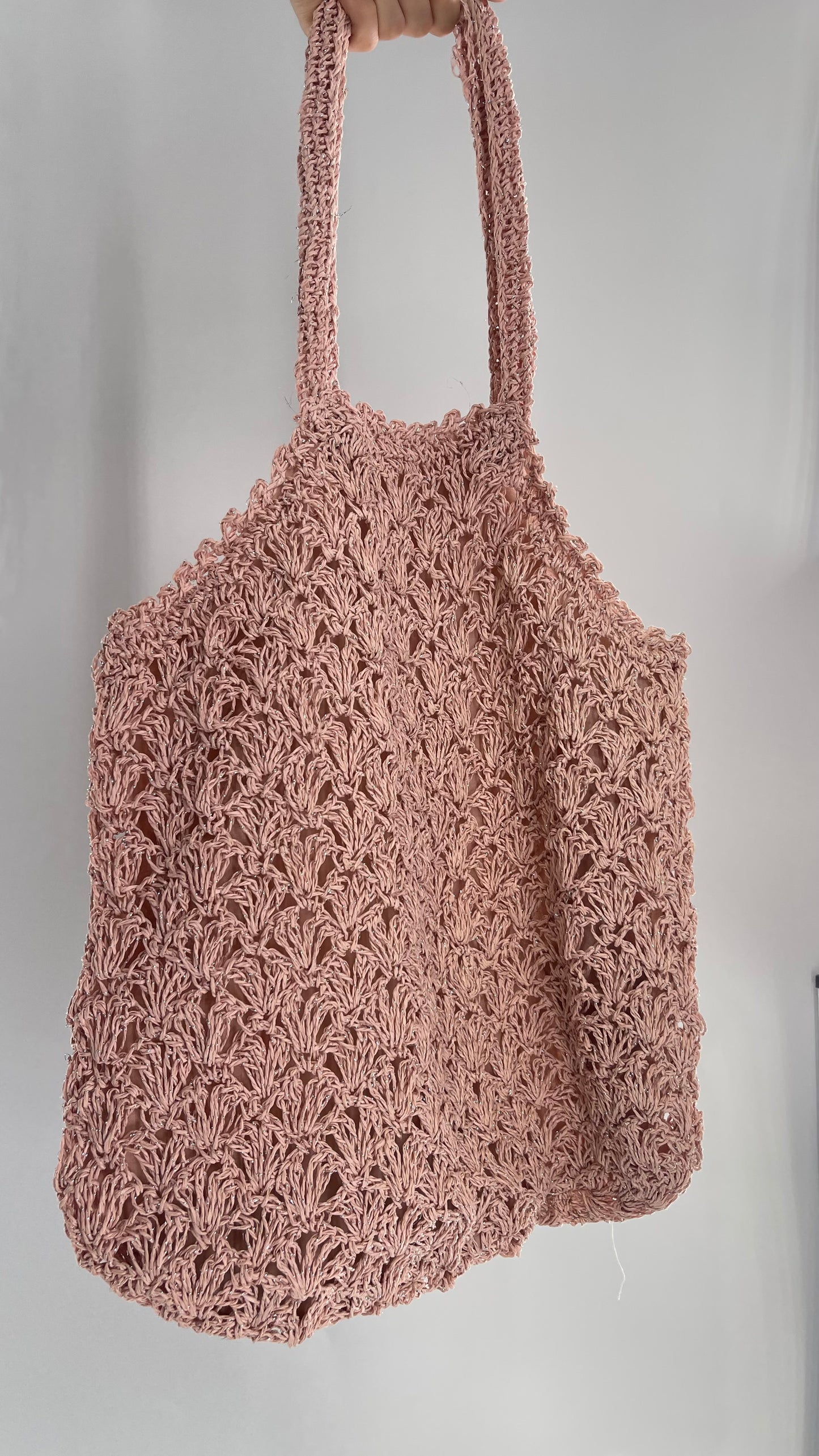 Urban Outfitters Baby Pink Straw Tote Bag with Silver Tinsel