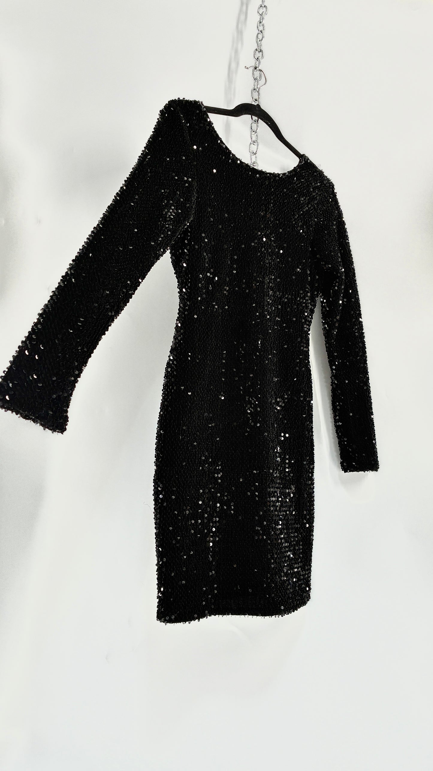 MOTEL Black Thick Velour and Sequin Long Sleeve Bodycon Mini Dress (Medium)