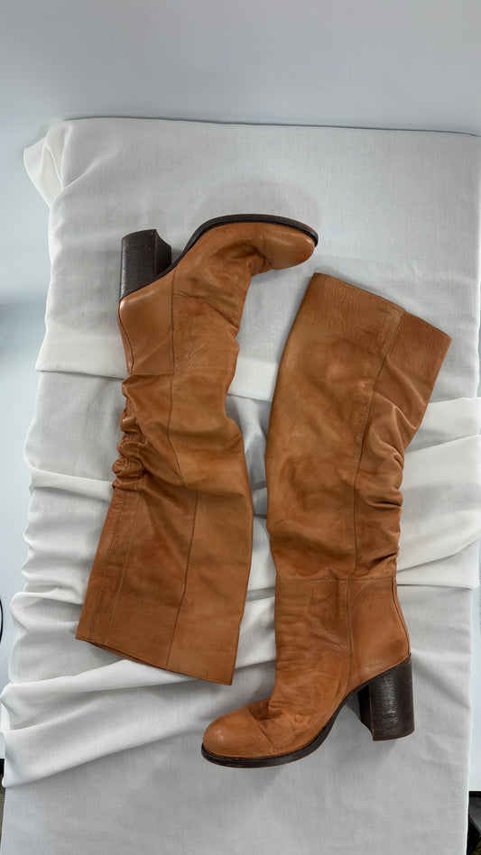 Vintage FREE PEOPLE Elle Tall Round Toe Scrunch Back Leather Boots Made in Portugal (38)