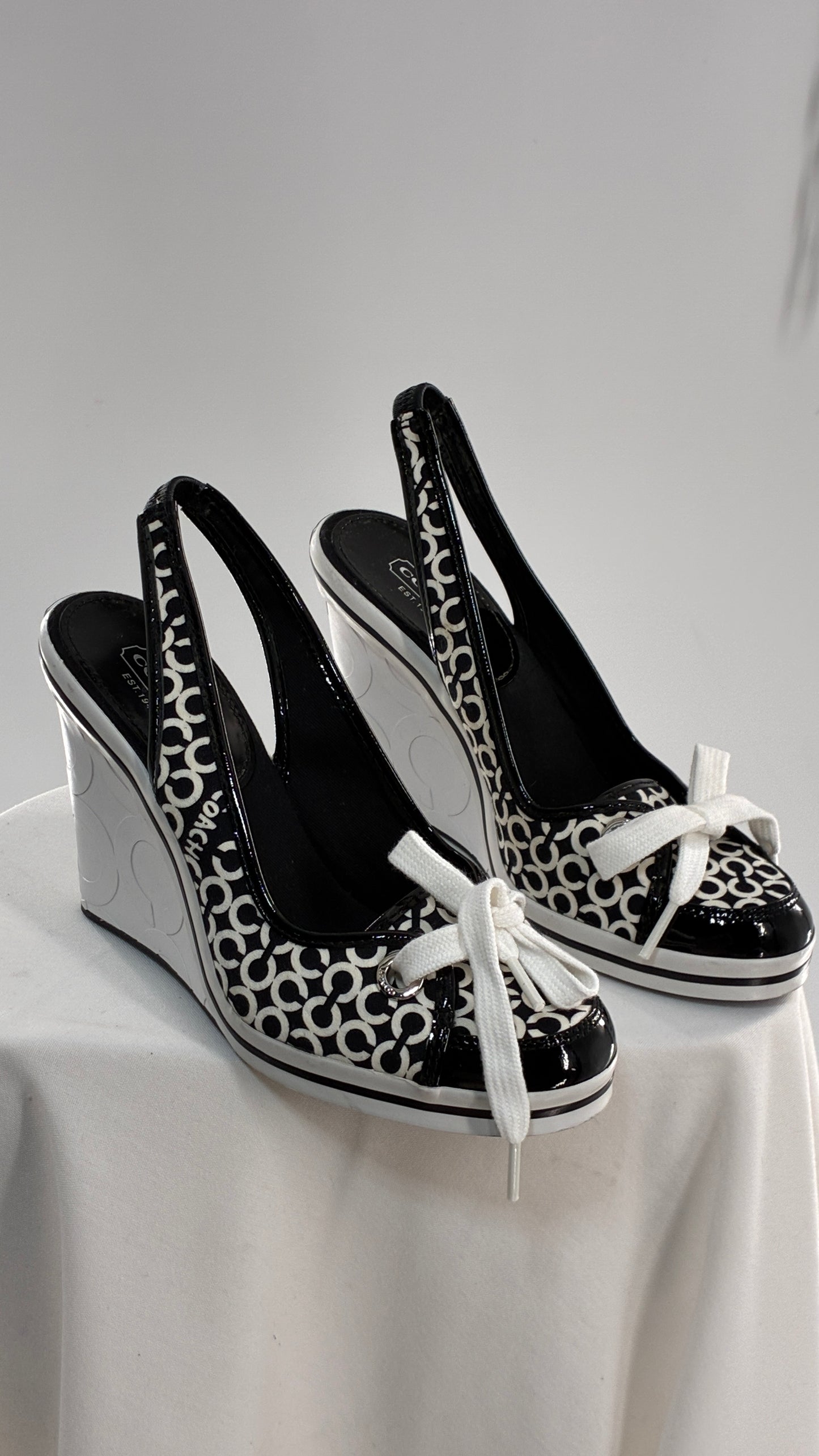 Vintage COACH Emilanna Black and White Monogram Wedge Sneaker Heel (7B)