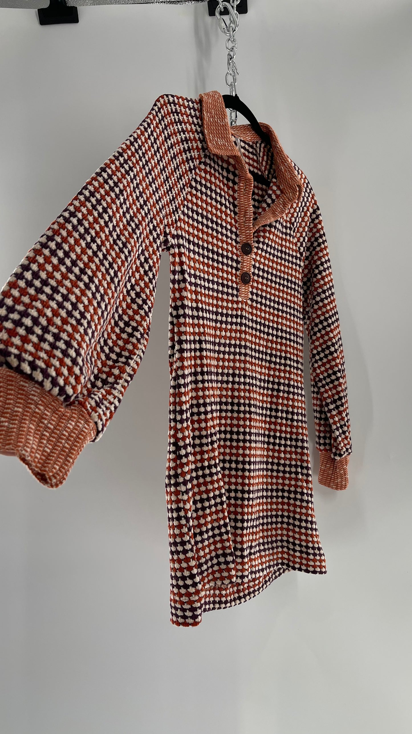 Free People Collared, Orange/Purple Chenille Knit Houndstooth Checkered Patterned 70s Dress (Small)