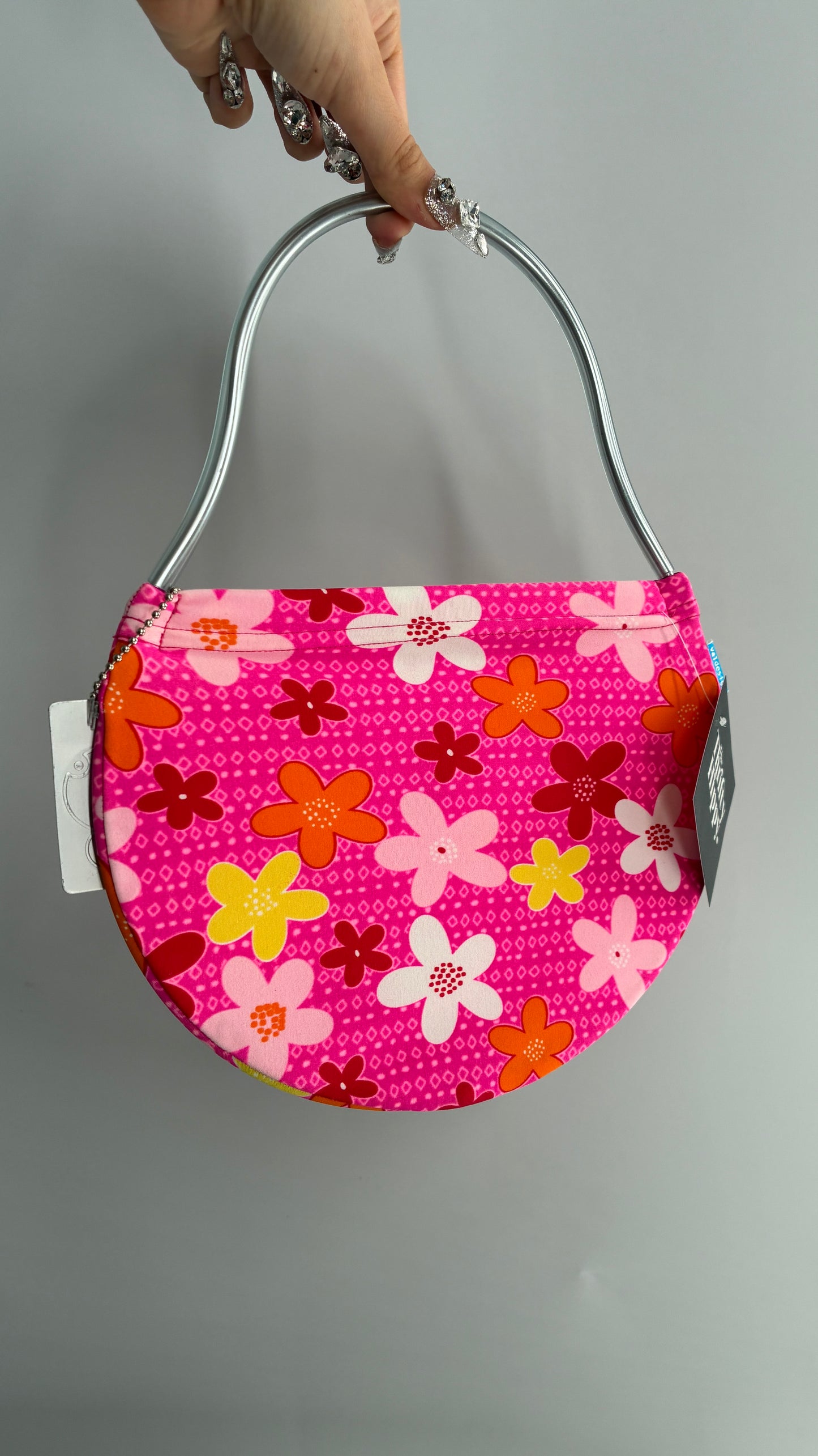 VALDESIGN Half Circle Pink Floral 2D Hand Bag with Metal Abstract Handbag