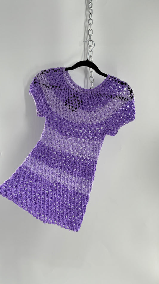 Vintage Handmade Striped Lilac and Purple Crochet Puff Sleeve Top (Small)