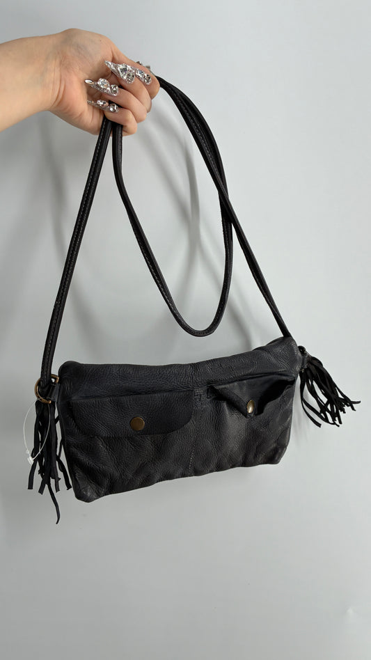 Free People Black Leather Cross Body Fringe Tassel Pouch Pocket Purse