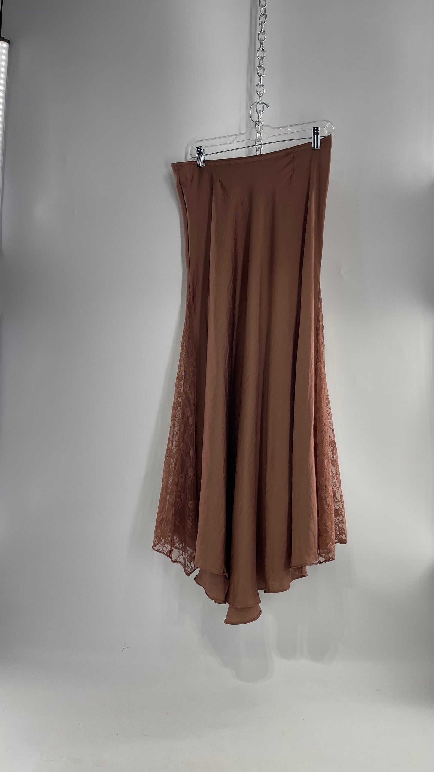 Intimately Free People Brown/Dusty Mauve Satin Maxi Skirt with Lace Paneling (Medium)