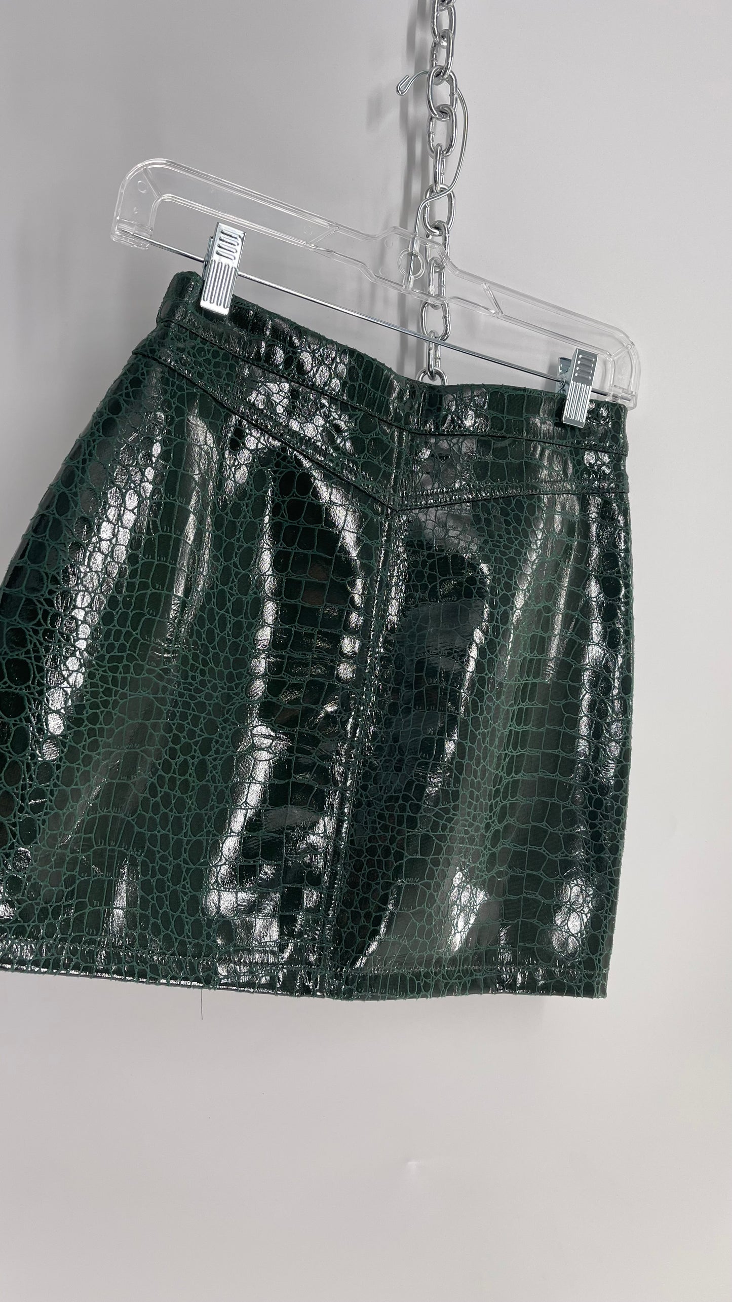 idem ditto Emerald Green Snake Embossed Vegan Patent Leather Mini Skirt with Tags Attached (Small)