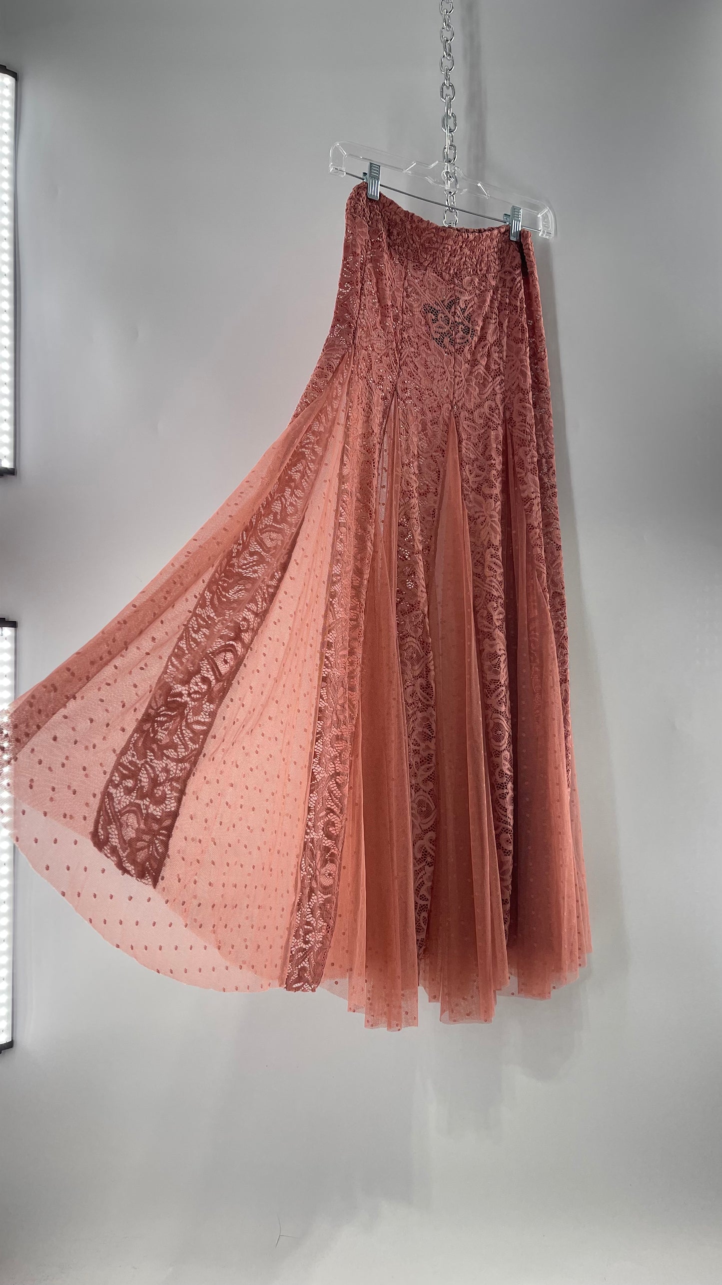 Intimately Free People Blush Pink Lace and Polka Dot Mesh Maxi Skirt (XS)