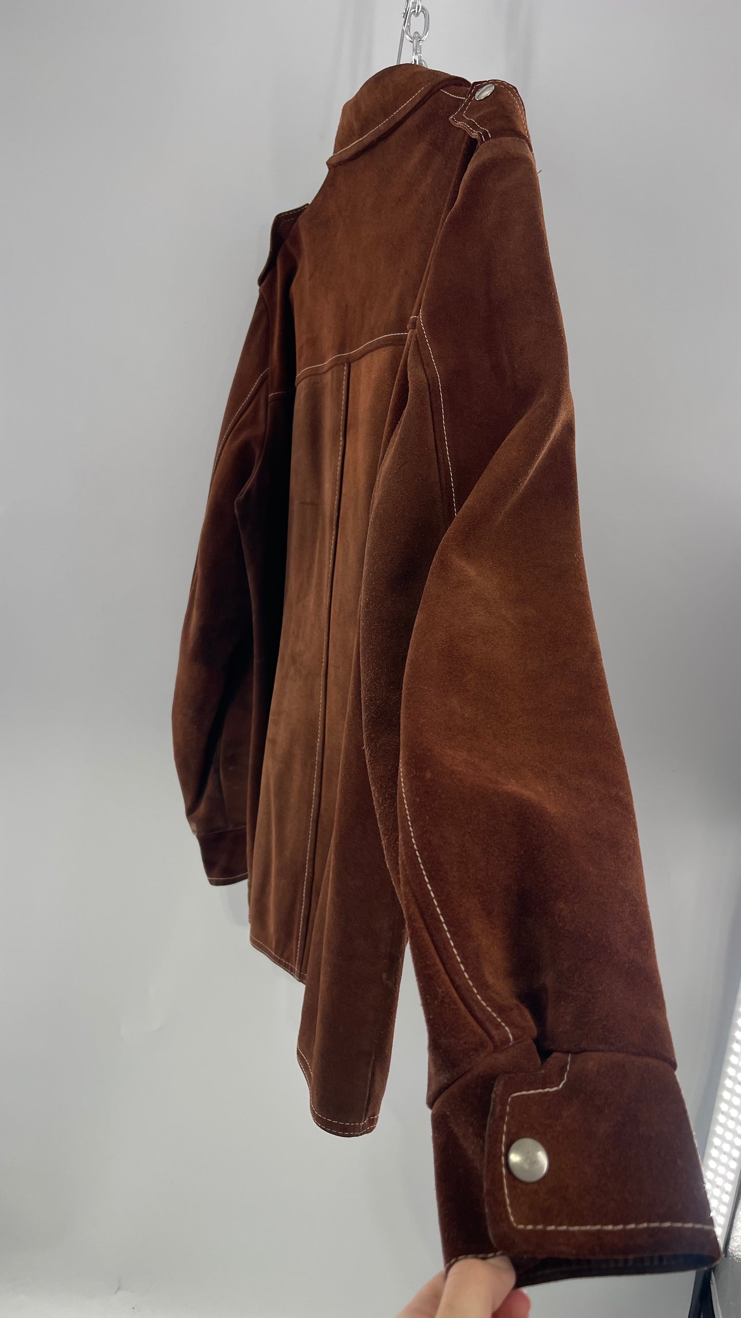 Vintage Brown Suede Jacket with Contrast White Stitching  (C)(Large)