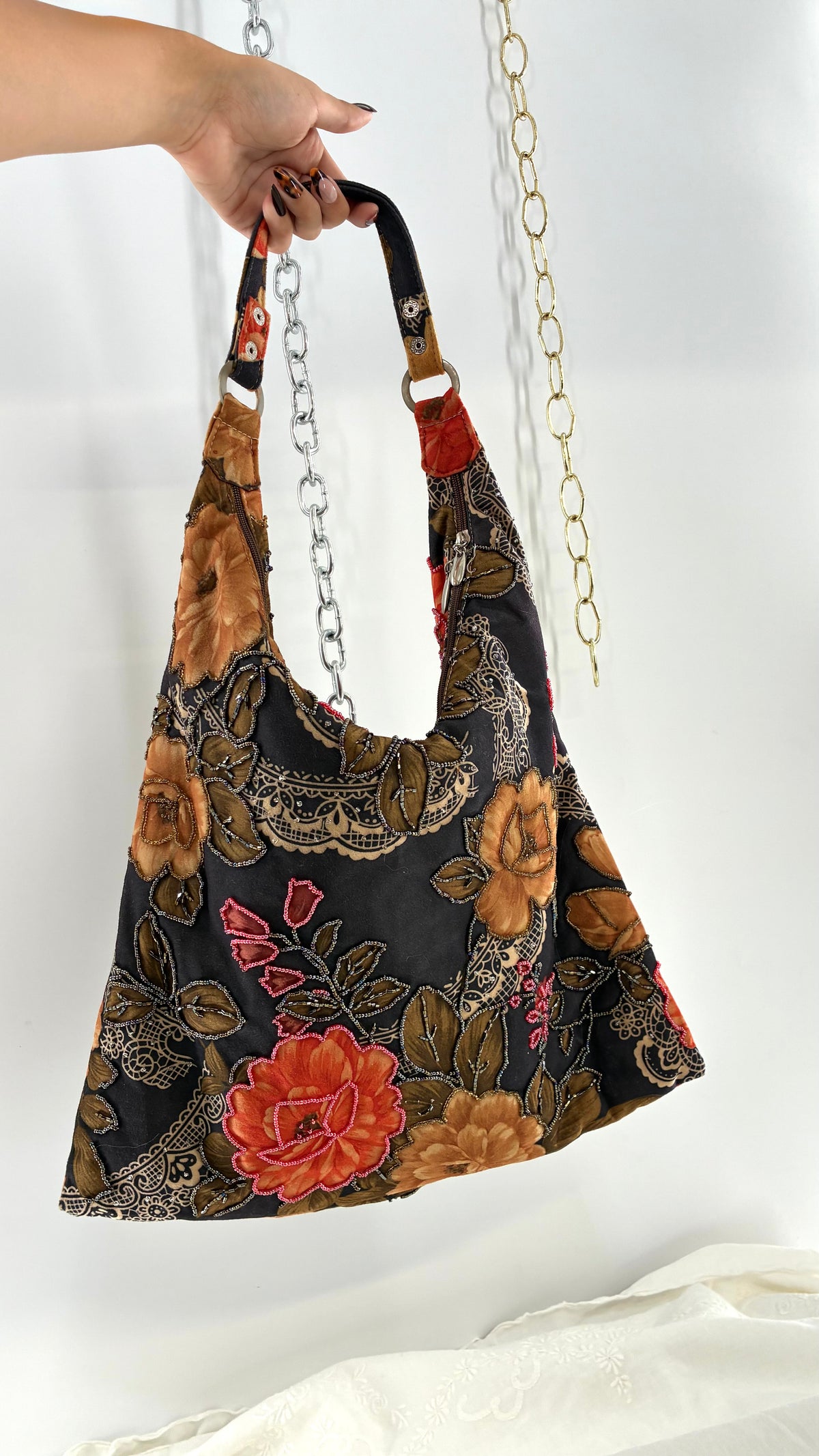 Vintage Brown Floral Paisley Beaded Hobo Shoulder Bag